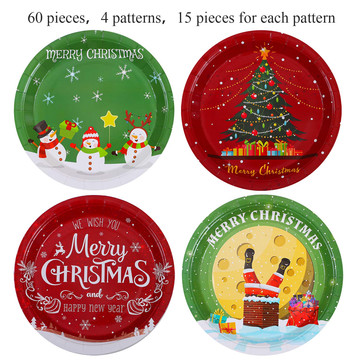 60 Pieces Christmas Paper Plates Disposable Plates Round Dinner Plate Party Plate Tableware For Christmas Party Supplies, 9 Inches