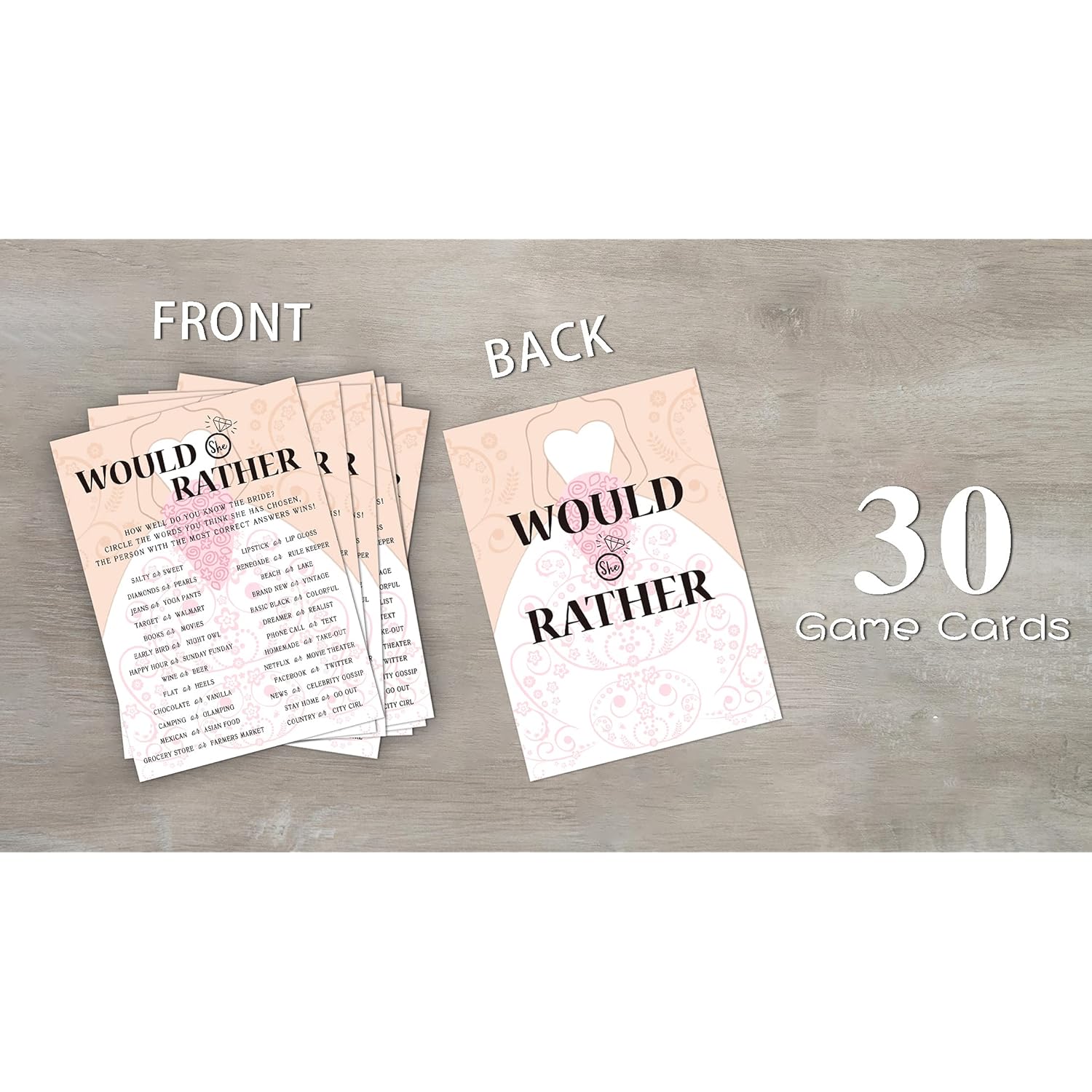 Bridal Shower Game Cards, Would She Rather Game, Brid With Holding Flowers Pink Engagement Party Cards For Wedding, Set Of 30 Cards(Dress003)