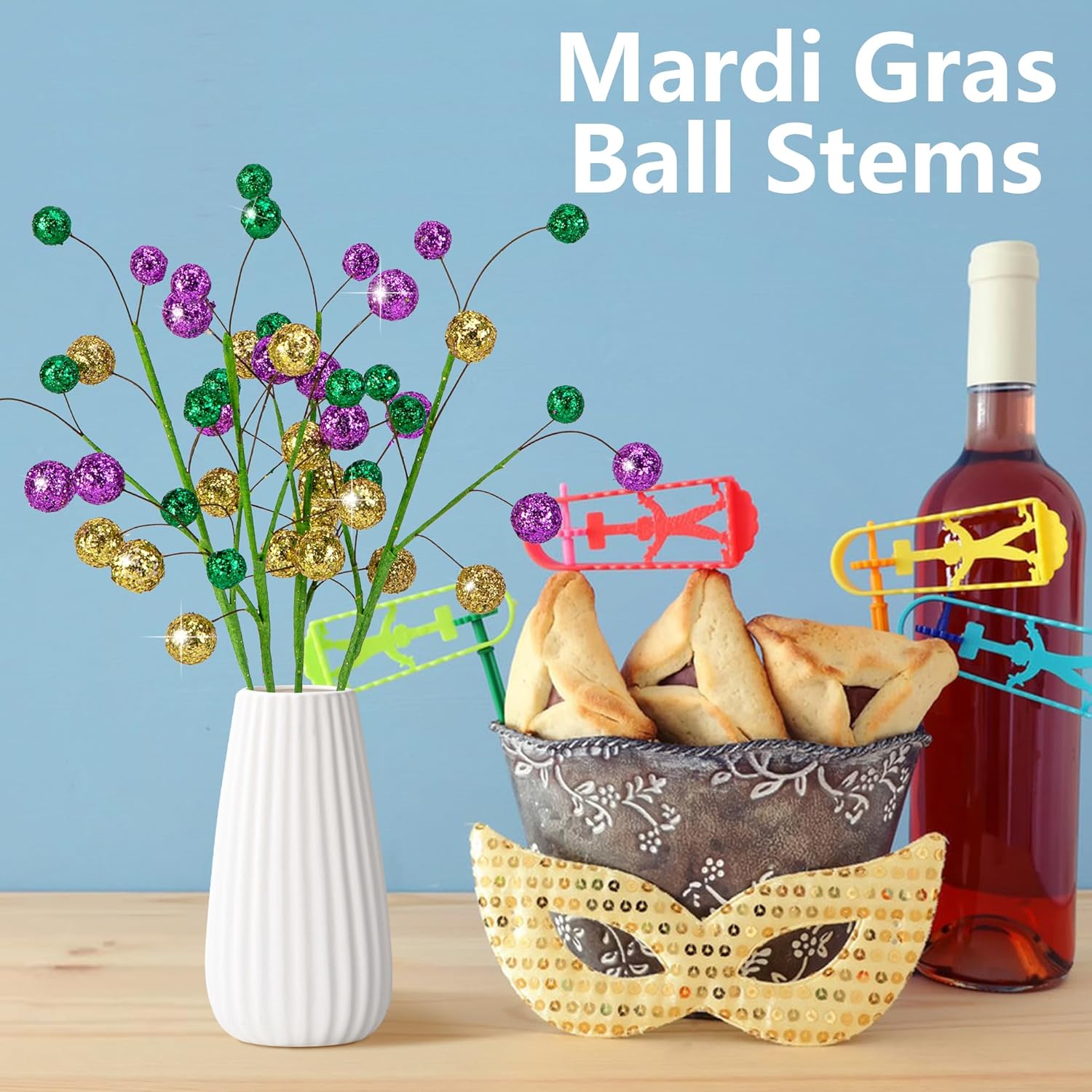 4 Pack 15" Large Mardi Gras Ball Centerpiece Stems, Mardi Gras Artificial Glitter Berry Stems Ornaments, Shiny Purple Gold Green Berry Branches Twigs Picks Sprays For Carnival Party Home Decor