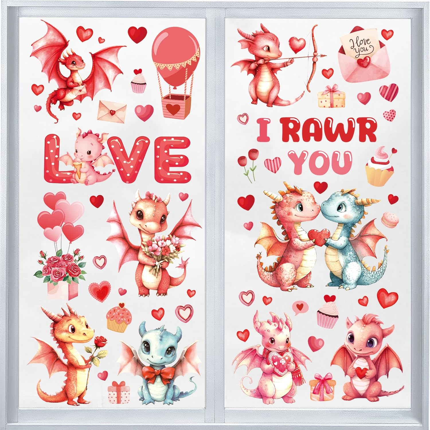 Valentine Day Window Clings - 9 Sheets Cute Dinosaur Heart Window Stickers For Home Party Decoration, I Rawr You Love Romantic Fantasy Static Clings Decals For School Holiday Party Supplies