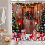 Rustic Christmas Shower Curtain Winter Xmas Tree Farmhouse Wooden Barn Door Wreath Funny Holiday Fabric Bathroom Decor Sets With Hooks