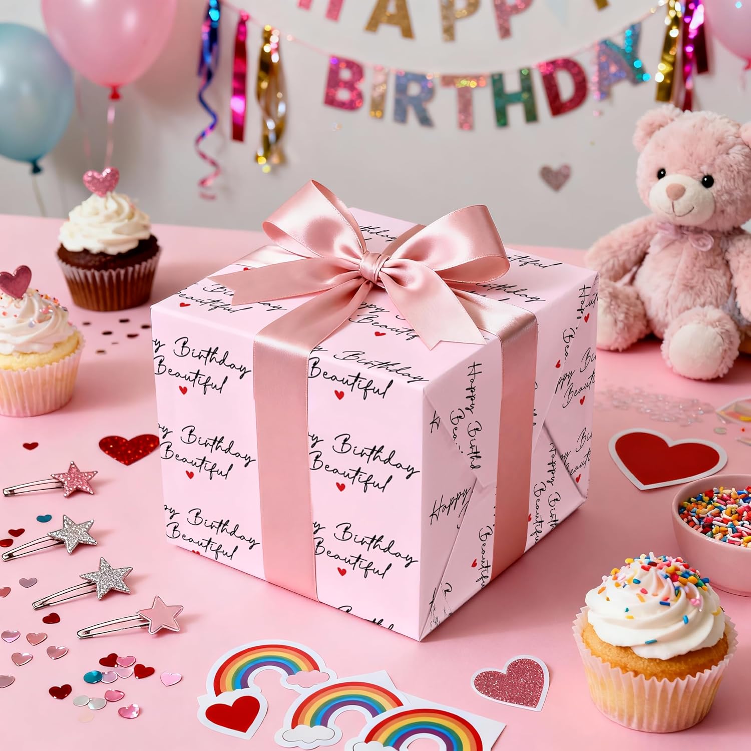 Happy Birthday Wrapping Paper Roll For Her – Pink Gift Wrap With “Happy Birthday Beautiful” Script & Heart Design, Perfect For Women, Wife, Girlfriend, Girls, Mini Roll 17 In X 16.4 Ft