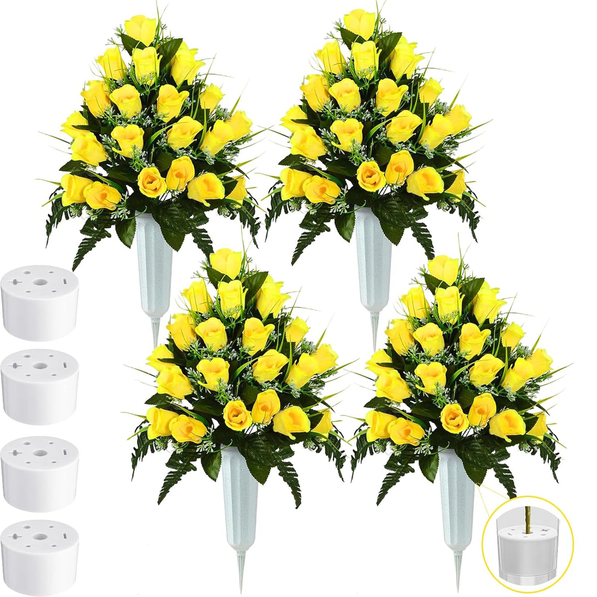 4 Sets Cemetery Flowers For Grave 96 Heads Artificial Rose Bouquet Arrangement With Vase Silk Memorial Flowers For Christmas Memorial Day(Yellow)
