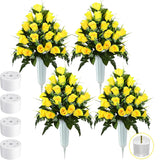 4 Sets Cemetery Flowers For Grave 96 Heads Artificial Rose Bouquet Arrangement With Vase Silk Memorial Flowers For Christmas Memorial Day(Yellow)