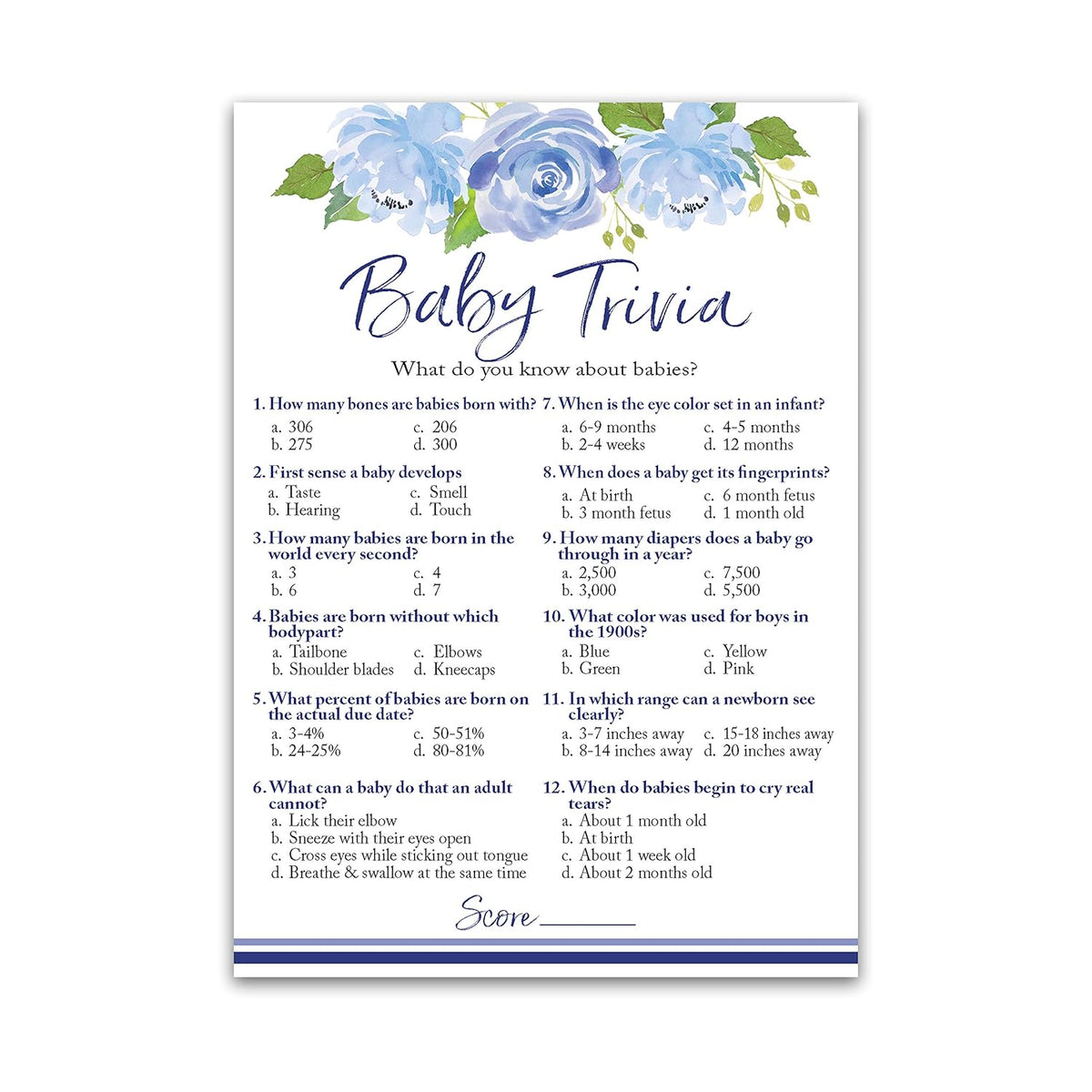 Baby In Bloom Baby Trivia Game For Boy Shower – Blue Floral Botanical Baby Shower Games, Pack Of 25 Fun Facts Cards, Garden Theme Co-Ed Couples Shower Activity G705-Trv
