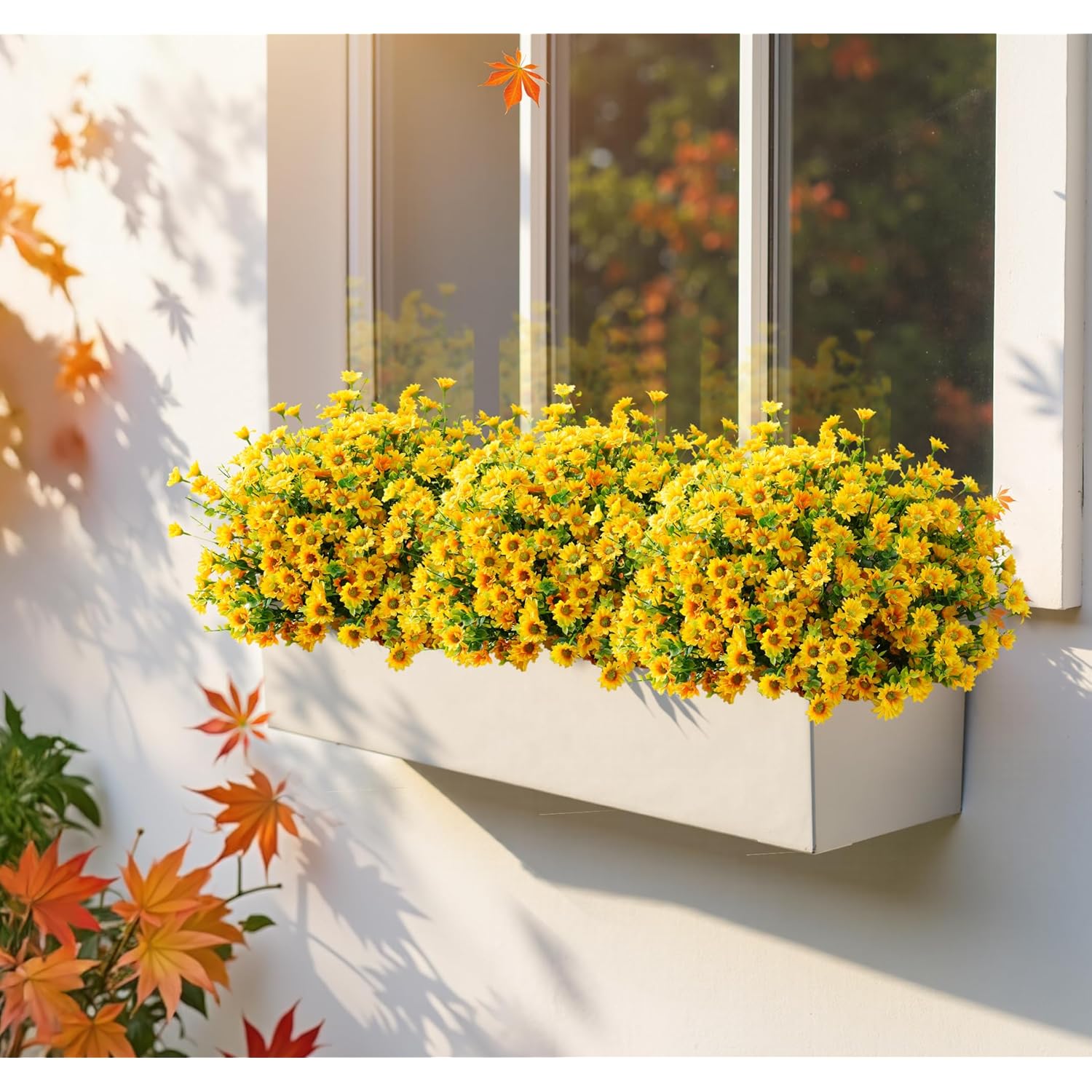 Artificial Mums Fall Fake Flowers For Outdoors, 10 Bundles Faux Mums Autumn Decorations,Uv Resistant Silk Flowers Plastic Plants For Outside Front Porch Garden Patio Home Planters Decor (Yellow)