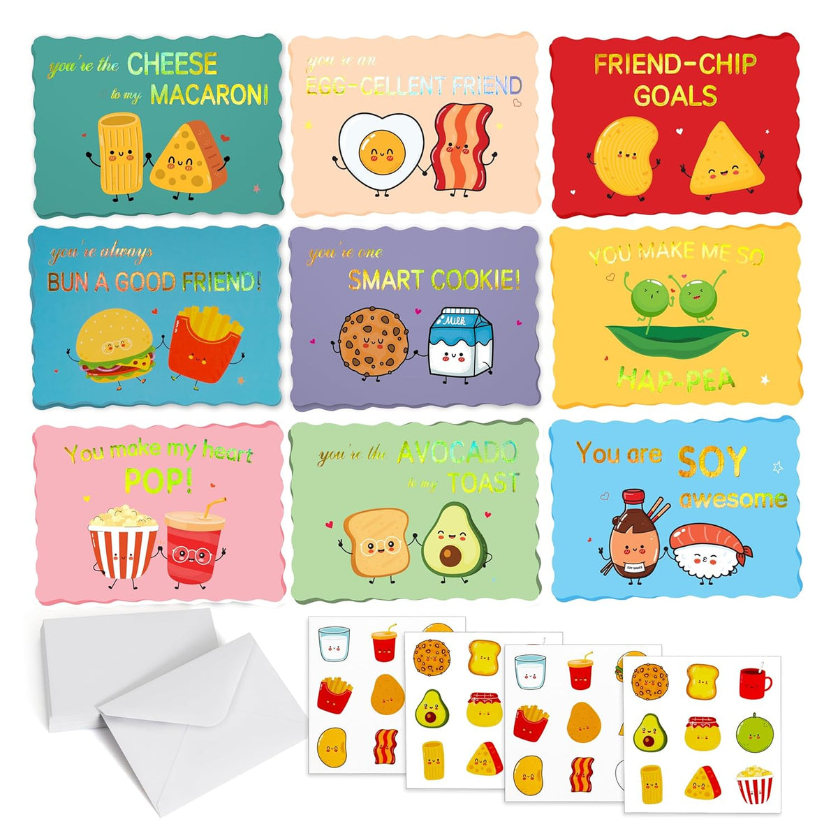 Prophet 36 Pack Gold Foil Valentines Day Cards for Kids School, 9 Assorted Designs with Envelopes & Cartoon Scented Strawberry Stickers, Great for Boys ? Girls Classroom Activities