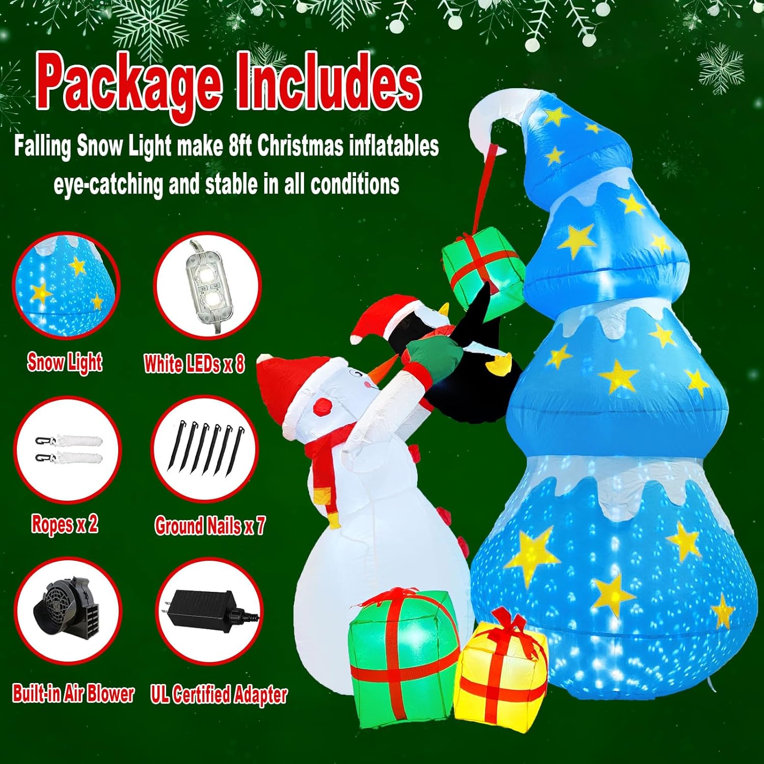 8Ft Christmas Inflatables Snowman Yard Decoration, Blow Up Christmas Tree Penguin Gift Box Outdoor Decorations With Fall