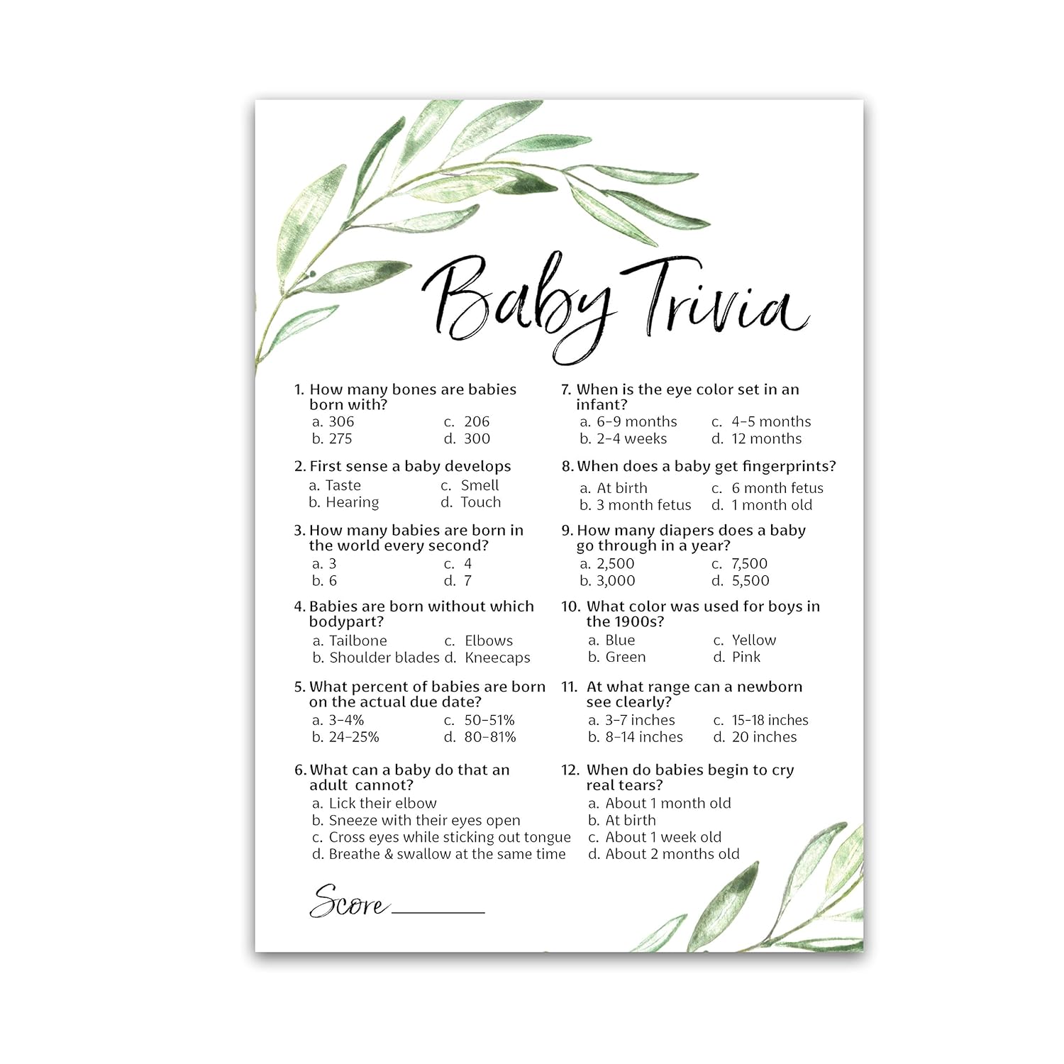 Greenery Baby Shower Games — Baby Trivia Game — Pack Of 25 — Fun Facts Trivia Green Olive Branch, Floral Rustic Gender Neutral Couples Shower Activity Reveal Party G320-Trv