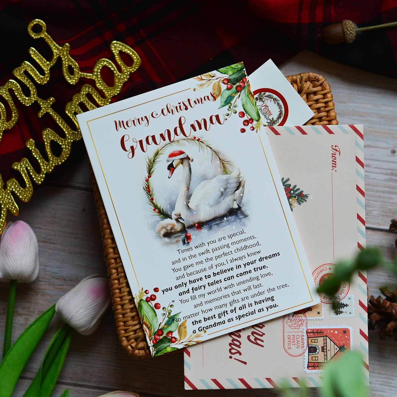 Christmas Card For Grandma, Grandmother Merry Xmas Greeting Card With Envelope And Seal, Christmas Gift For Grandmother From Granddaughter, Grandson, Kids
