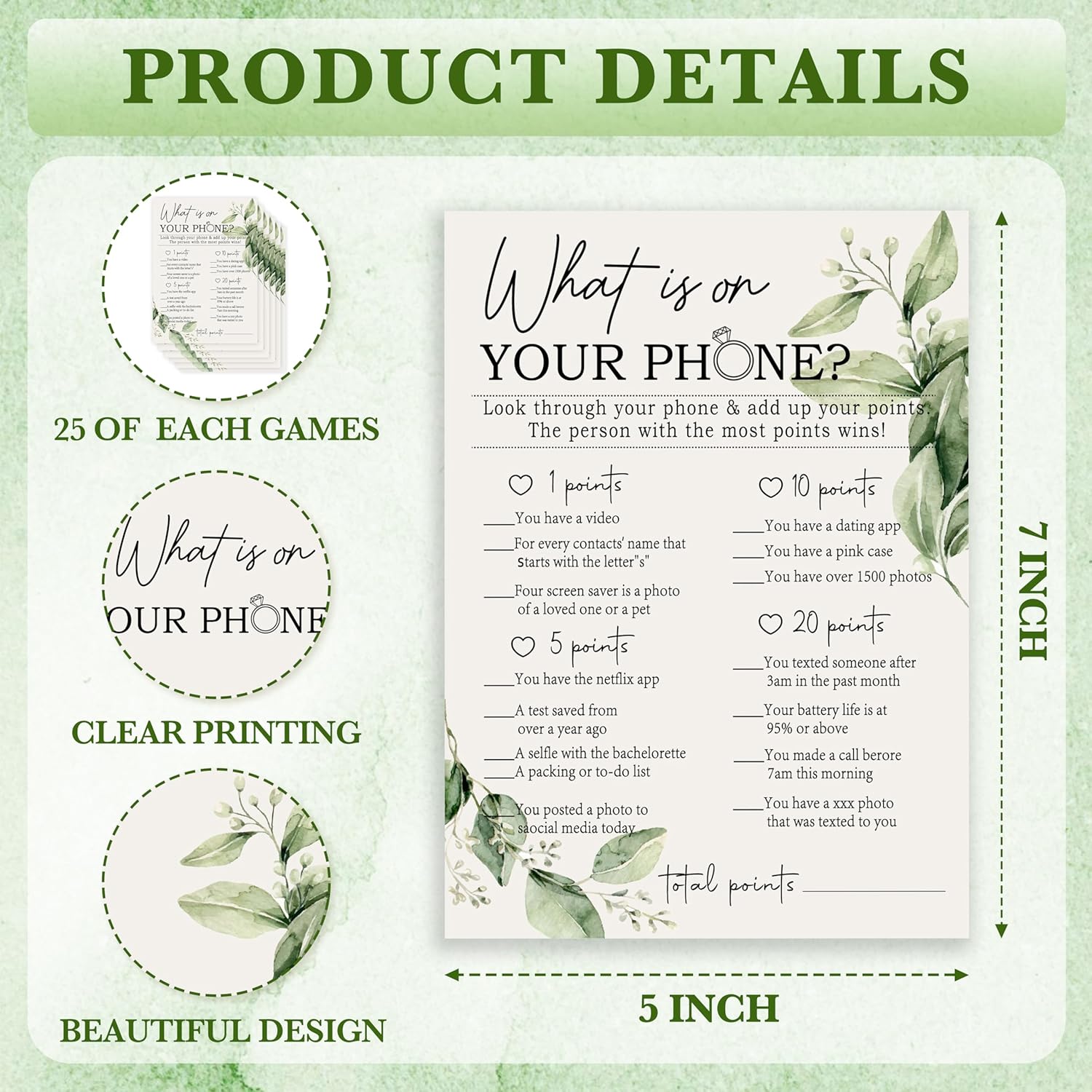 Greenery Bridal Shower Games Cards, What Is On Your Phone Game Card Reception For Wedding Showers Engagement Party Bachelorette Party, Bridal Party Games For Decorations Favors Supplies, Set Of 25-04