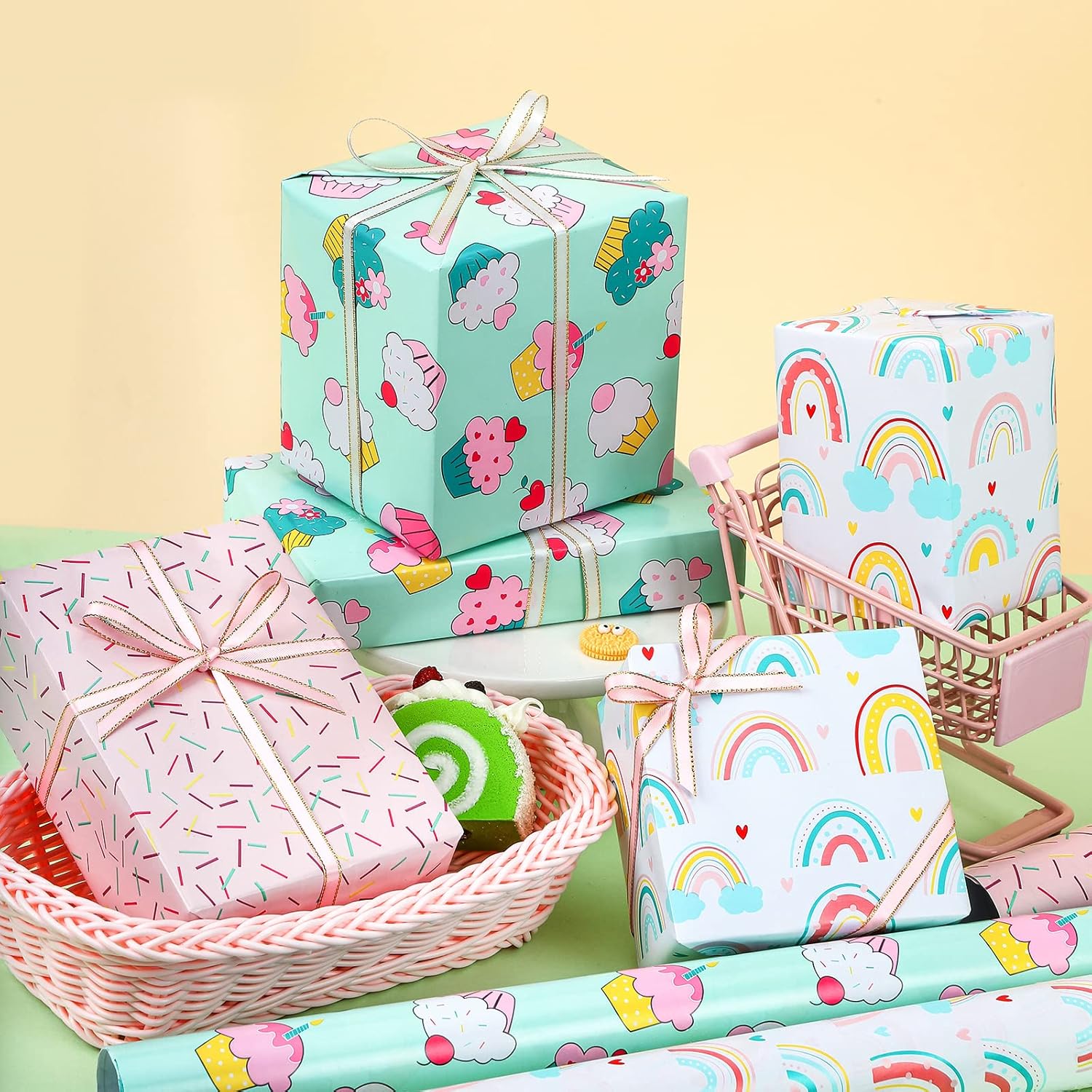 Mini Wrapping Paper Roll - Mini Roll - Cupcake/Rainbow/Colorful Stripe For Birthday, Party, Holiday, Baby Shower - 17 X 120 Inches - 3 Rolls (42.5 Sq.Ft.Ttl.)