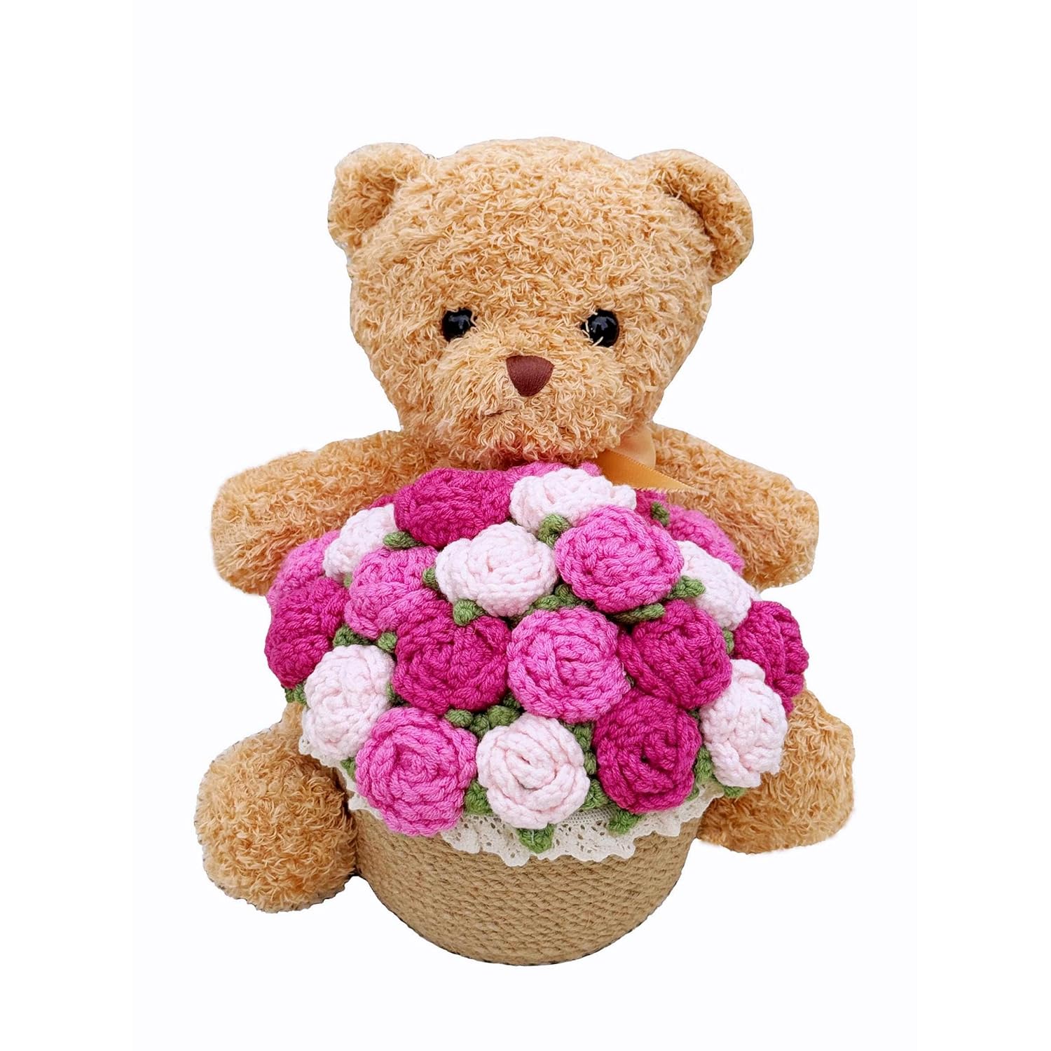 Crochet Rose Bouquet Artificial Flowers Vase Cute Plush Bear Kit Mothers Valentines Day Birthday Anniversary Personalized Thoughtful Romantic Love Gifts Home Decor Pink
