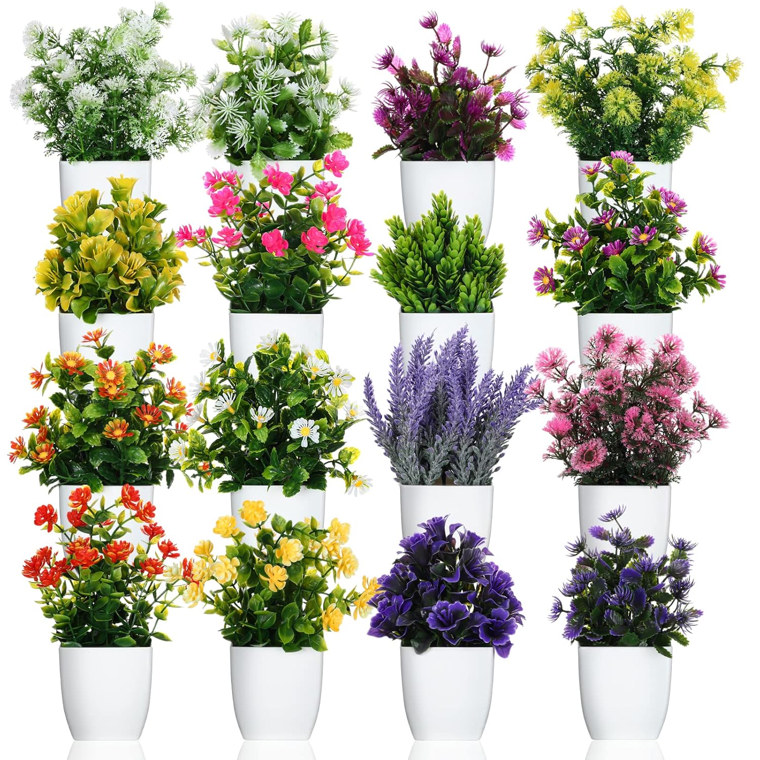 16 Pcs Small Fake Plants Artificial Potted Plants Faux House Plant Mini Pot Plastic Flowers For Indoor Outdoor Home Kitchen Office Desktop Wedding Decor
