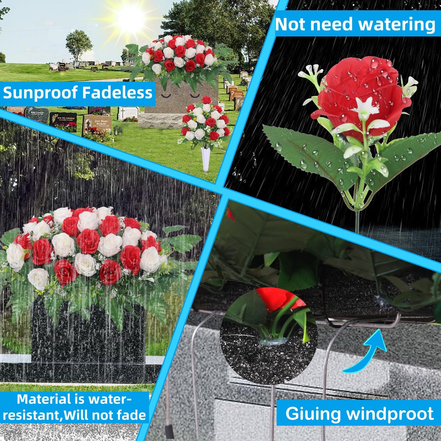 Headstone Flower Saddle,Cemetery Memorial Flowers With Vase For Grave Tombstone Decorations,Artificial Rose Bouquet Grave Memorial Day Flowers For Cemetery (Red White)
