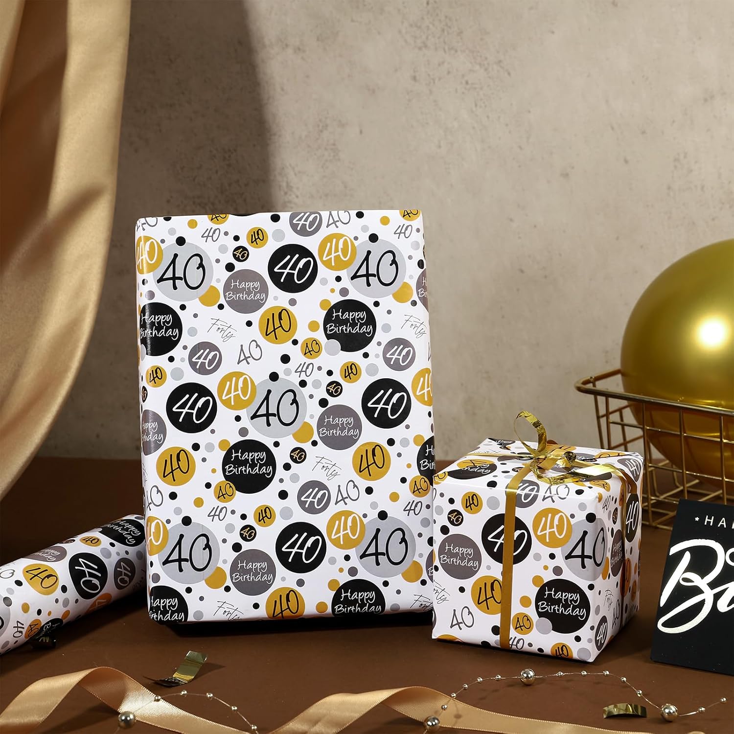 Birthday Wrapping Paper Sheet - 6 Sheets Black 40Th Birthday Design Folded Flat For Bday, Party, Baby Showers - 19.7 Inch X 27.5 Inch Per Sheet