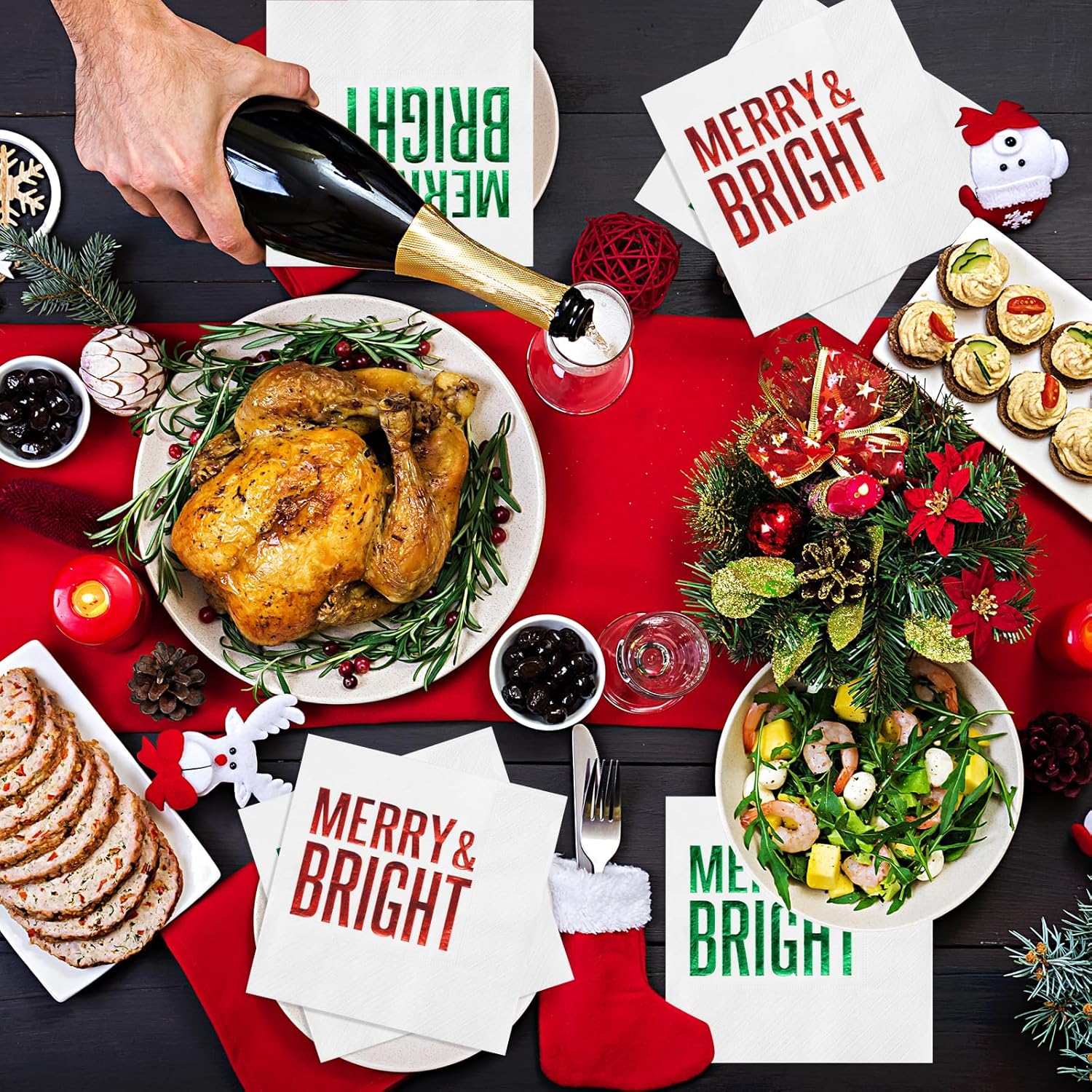 100 Pcs Christmas Paper Napkins Disposable, Merry Bright Red And Green Foil Cocktail Napkins, Xmas Holiday Party Guest Dinner Napkin Hand Towels For Christmas Winter Party Supplies, 6.5 X 6.5 Inch