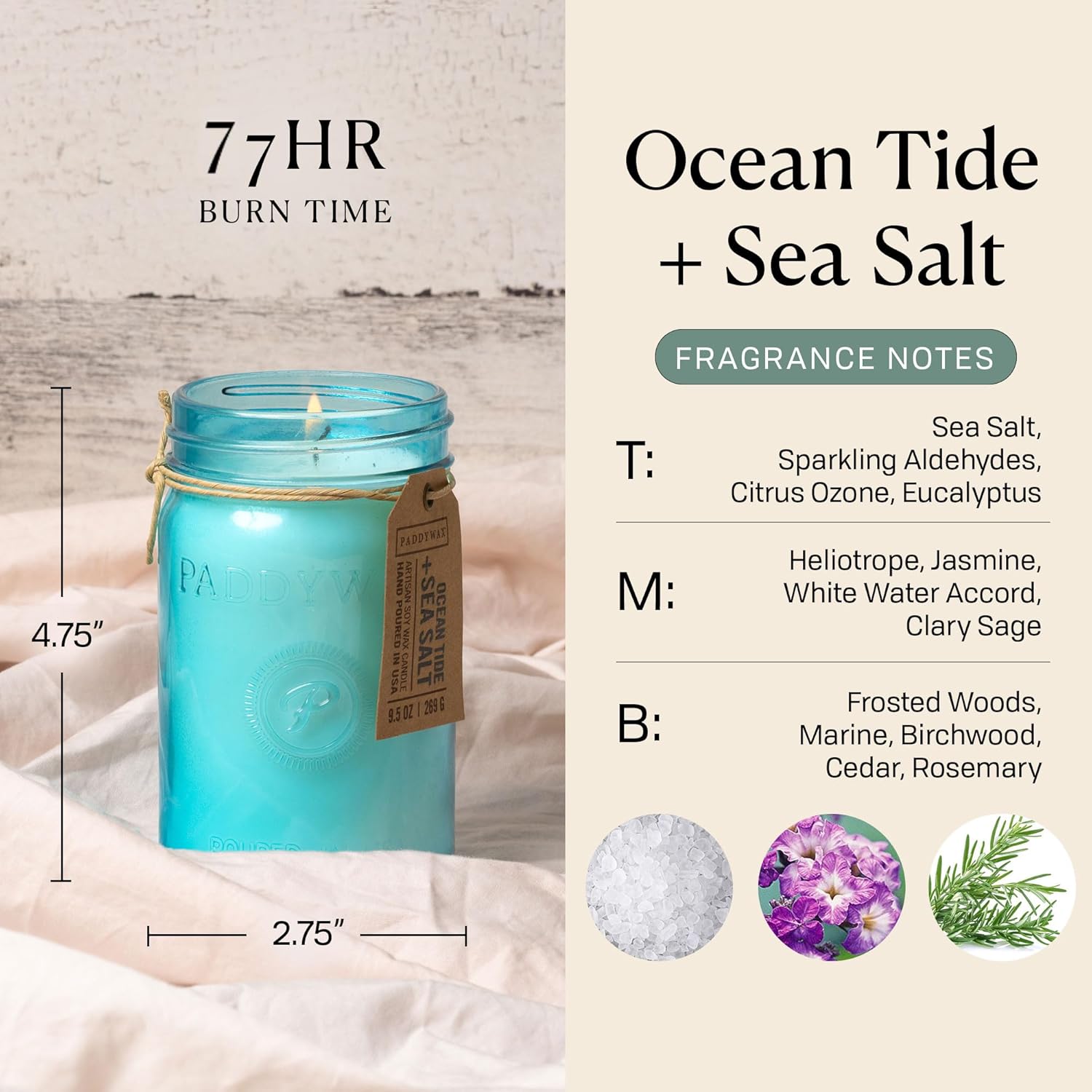 Paddywax Scented Candles Relish Collection Soy Wax Artisan Candle in Glass Jar with Lid, 9.5-Ounce, Ocean Tide + Sea Salt