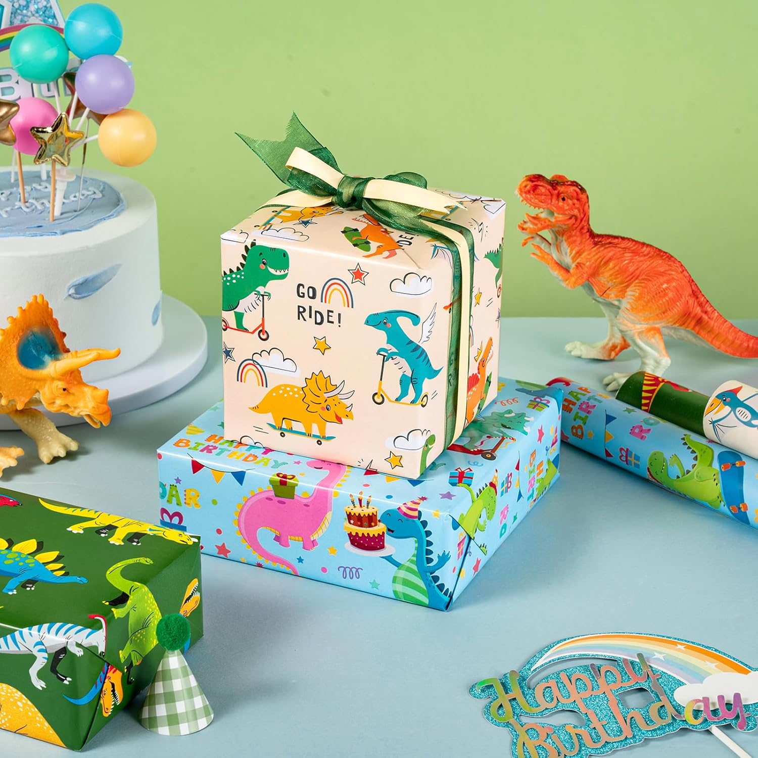 Dinosaur Wrapping Paper Roll - 3 Short Roll - Dinosaur Happy Birthday Wrapping Paper For Kids Boys Birthday, Dinosaur Party Favor - 17 Inch X 120 Inch Per Roll