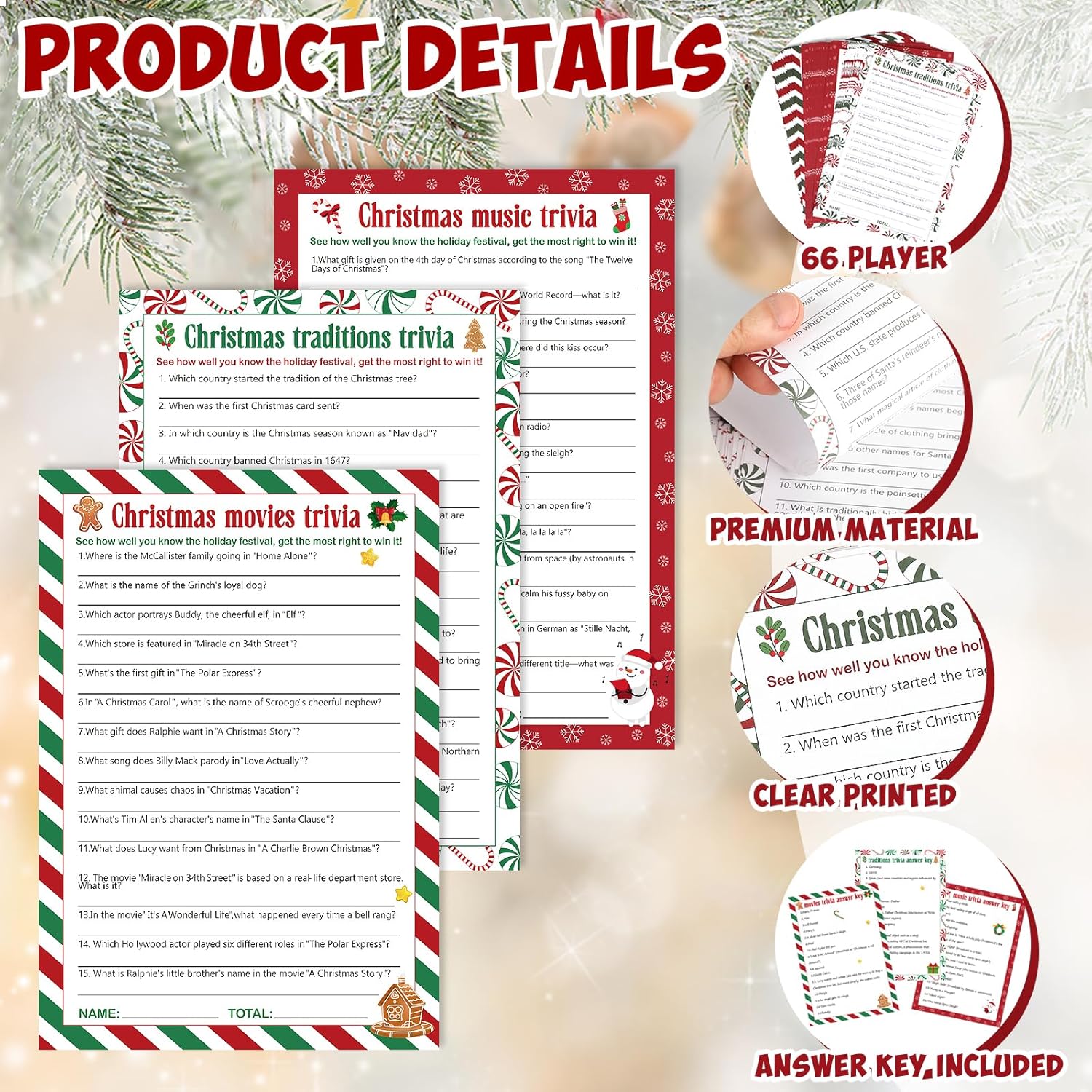 66 Pcs Christmas Trivia Game Cards Christmas Games For Family Party Merry Xmas Trivia Paper Holiday Activity Guessing Card Large Groups Adults Annual Festive Events Decorations Gifts With Answer Key