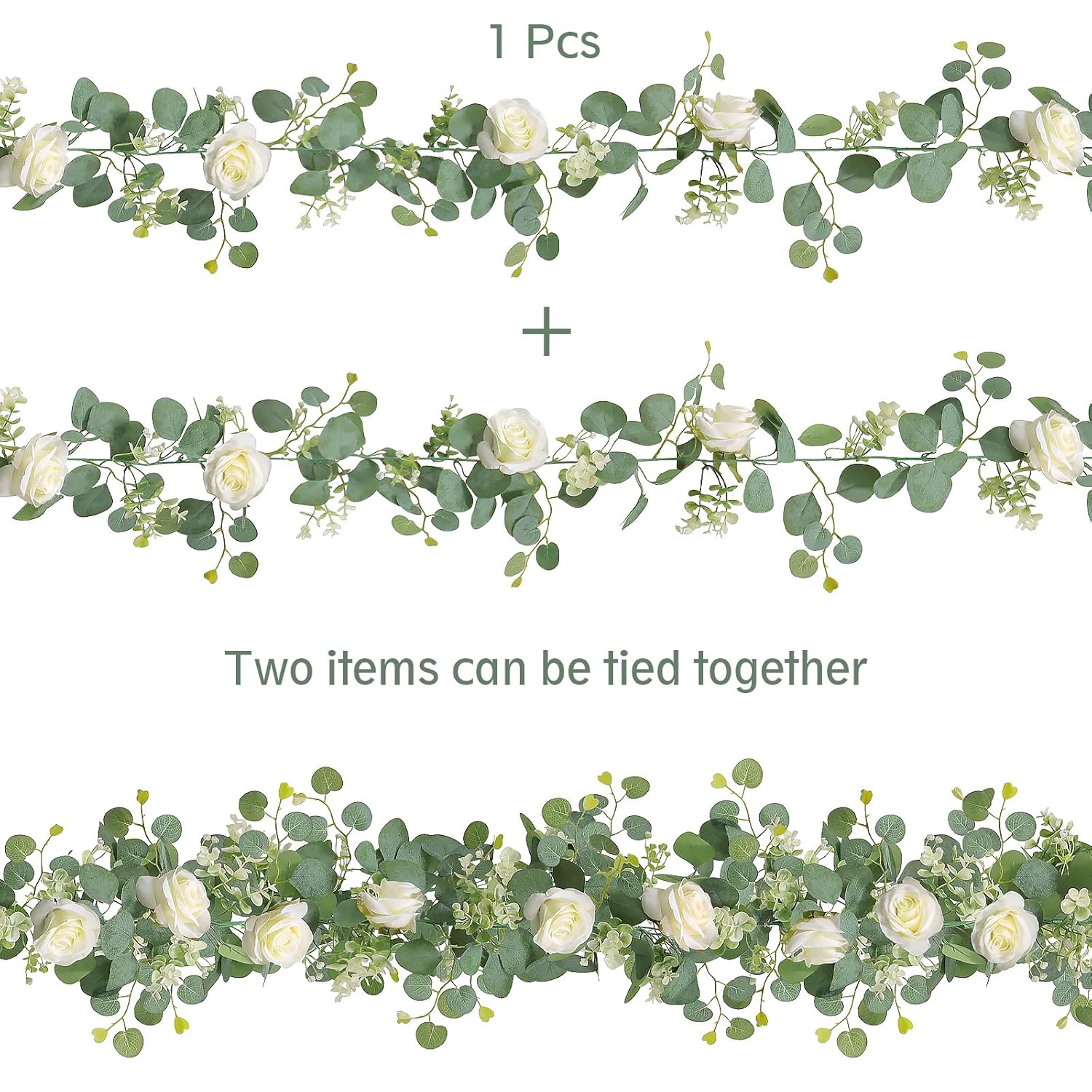 2Pcs(13 Ft) Artificial Eucalyptus Flower Garland With White Rose Flowers,Faux Rose Vine Gypsophila Greenery For Home Party Wedding Table Decor (White, 2Pcs)
