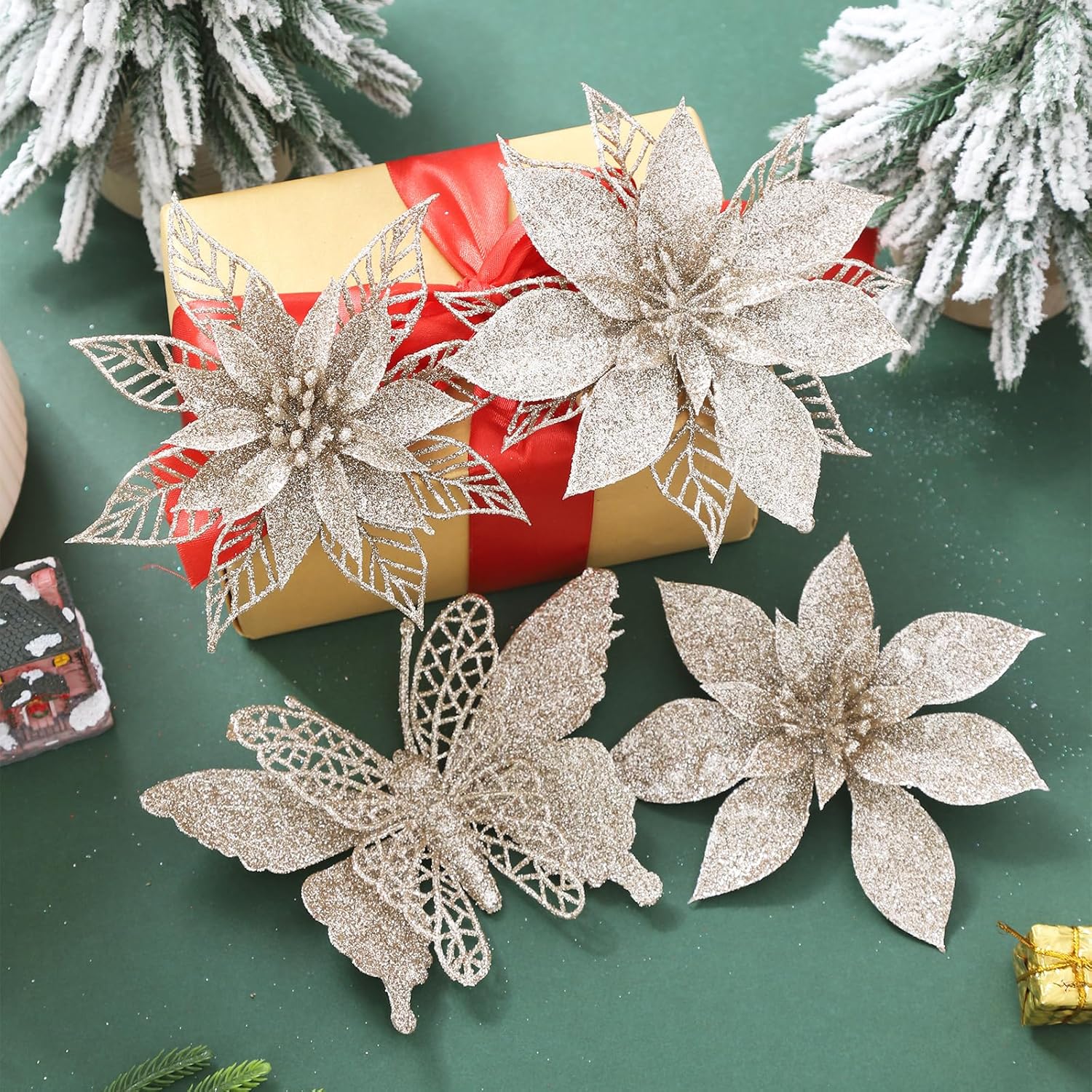 24Pc 5.5" Champagne Gold Artificial Poinsettia Christmas Flowers, Glitter Christmas Decorations For Xmas Tree Wreath Fireplace New Year Home Decor (Champagne Gold)