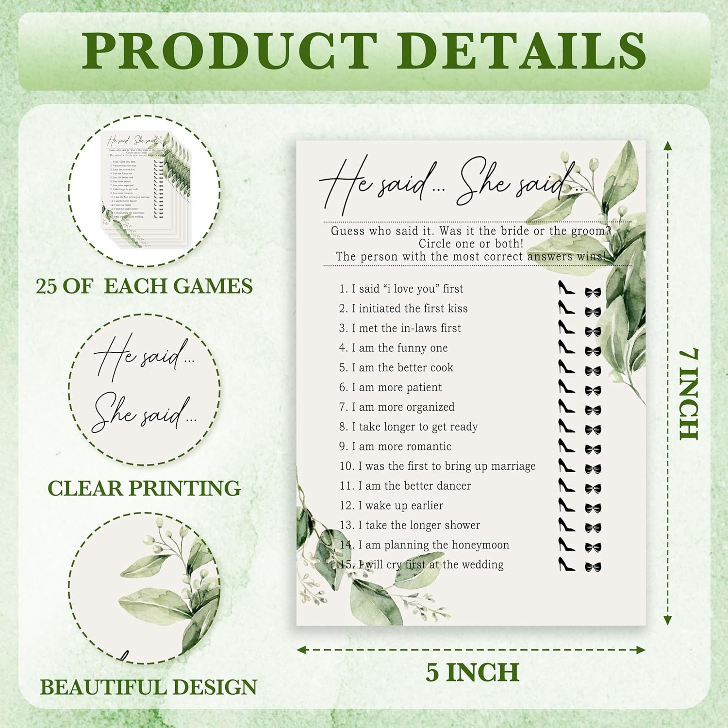 Greenery Bridal Shower Games Cards, He Said She Said Game Cards Reception For Wedding Showers Engagement Party Bachelorette Party, Bridal Party Games For Decorations Favors Supplies, Set Of 25-05