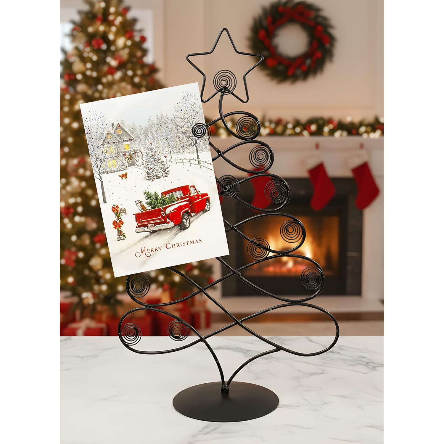 17.5" H Decorative Tabletop Display Christmas Tree Card & Photo Holder Rack In Black Finish