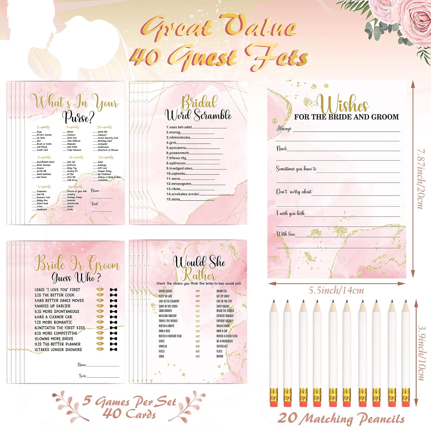 220 Pieces Bridal Shower Games Cards Bridal Shower Games Supplies Including Wedding Cards And 20 Pcs Pencils For Bride And Groom Supplies Bachelorette Party Wedding Shower Party Favor (Pink And Gold)