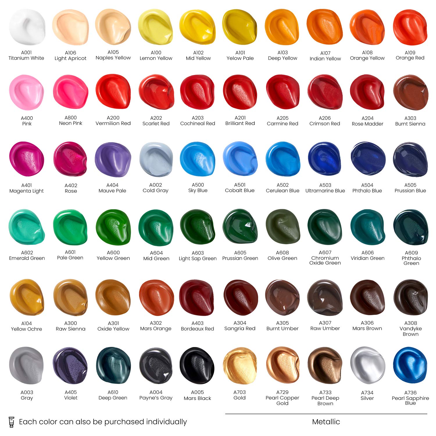 Acrylic Paint Set, 60 Colors (0.74 Oz Tubes) – High-Viscosity, Richly Pigmented Acrylic Paints With 5 Metallic Colors For Canvas, Wood & Mixed Media