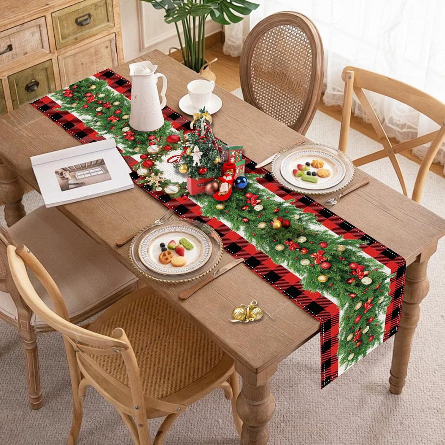 Red And Black Buffalo Plaid Table Runner, Seasonal Winter Christmas Holiday Kitchen Dining Table Decorations And Supplies For Home Dining Room Party Decor (Christmas Garland -01, 13X72 Inches)