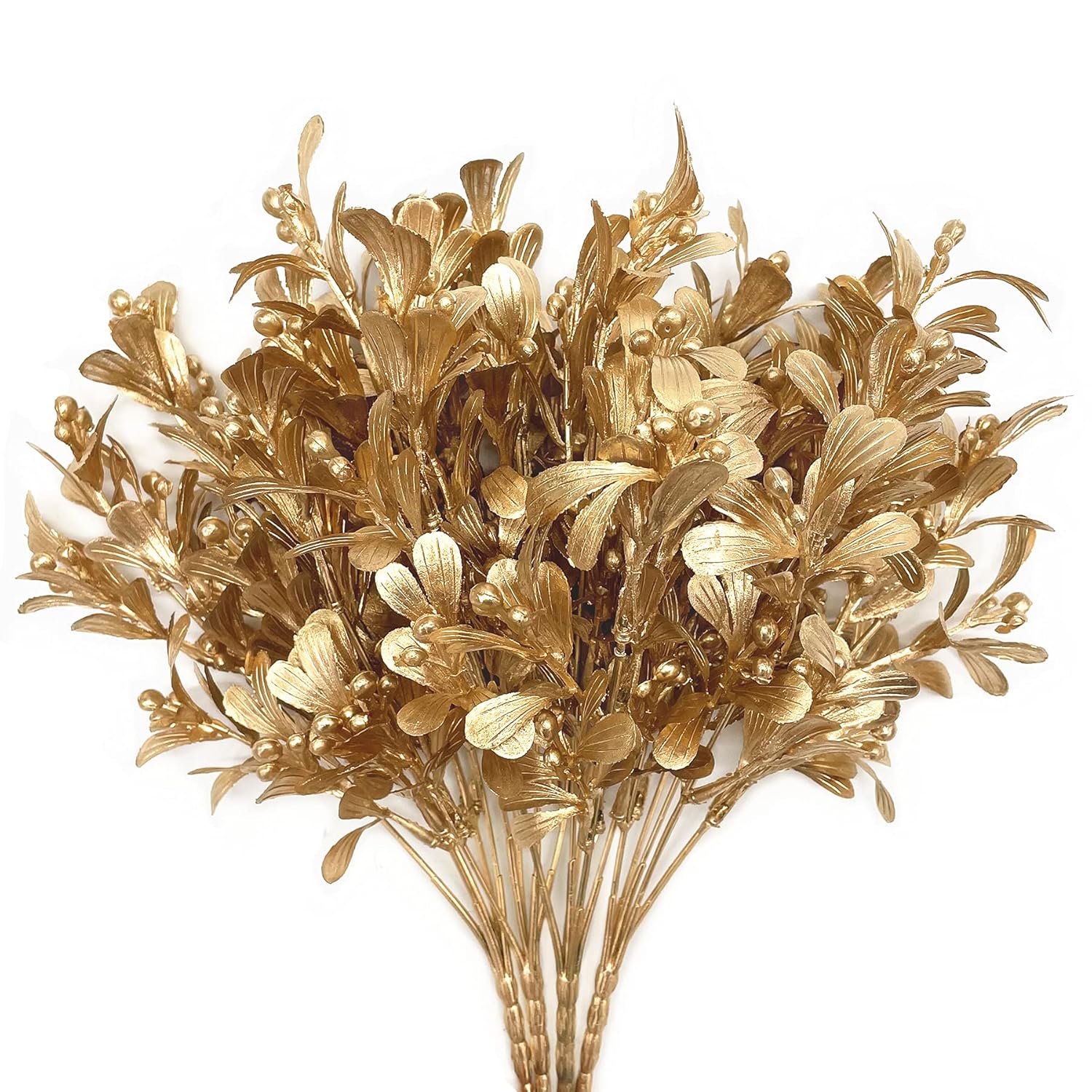 Fake Plants Christmas Decorations, Golden Artificial Flowers Plastic Grass Shrubs Leaves Indoor Outdoor Home Garden Party Hotel Verandah Wedding Event Bouquet Faux Diy Decor - Gold 4 Pack