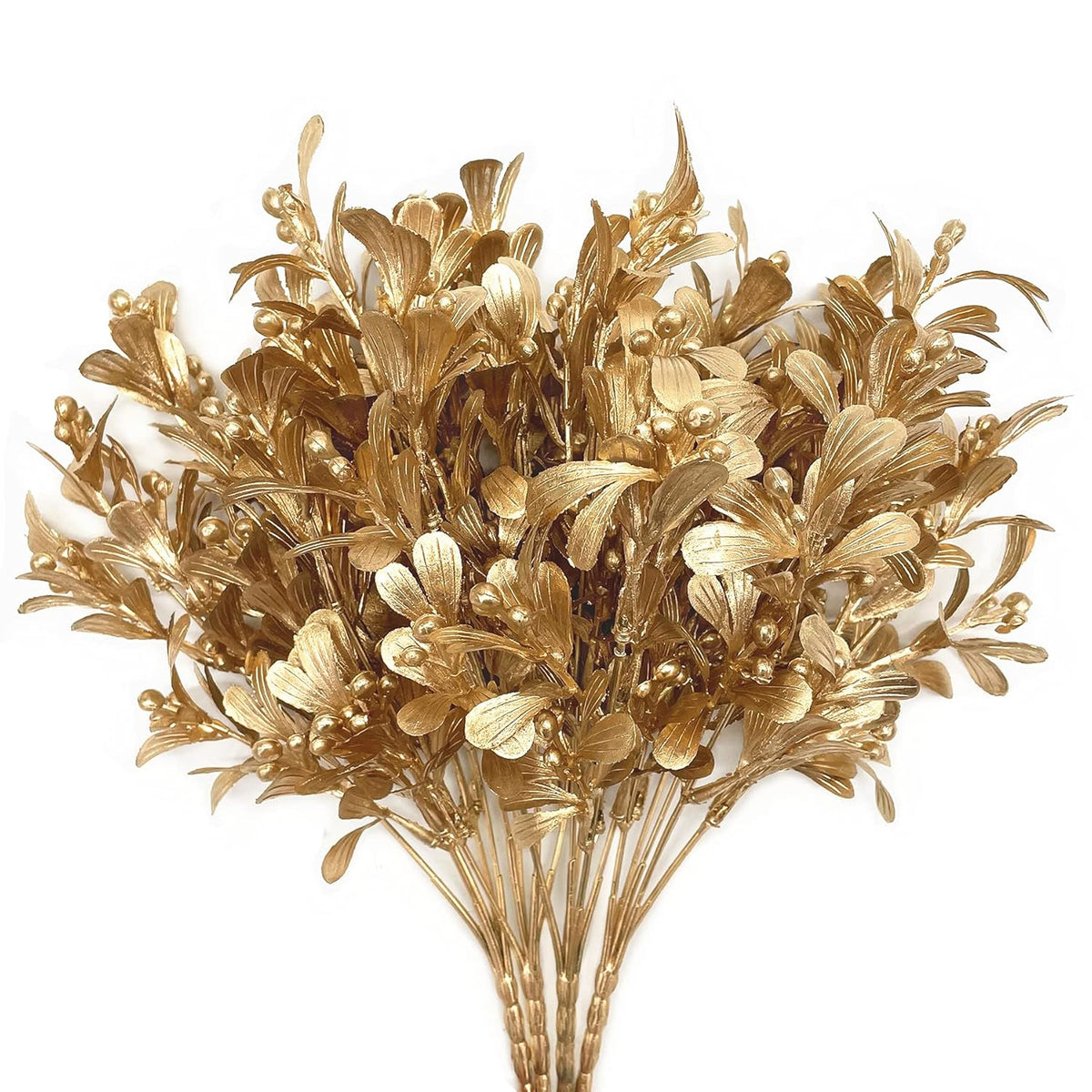 Fake Plants Christmas Decorations, Golden Artificial Flowers Plastic Grass Shrubs Leaves Indoor Outdoor Home Garden Party Hotel Verandah Wedding Event Bouquet Faux Diy Decor - Gold 4 Pack