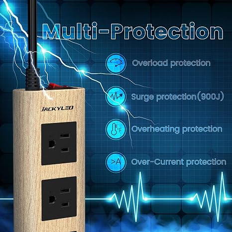 10 ft Flat Plug Power Strip Surge Protector with 3 Outlets and 2 USB Ports Light Wood Grain