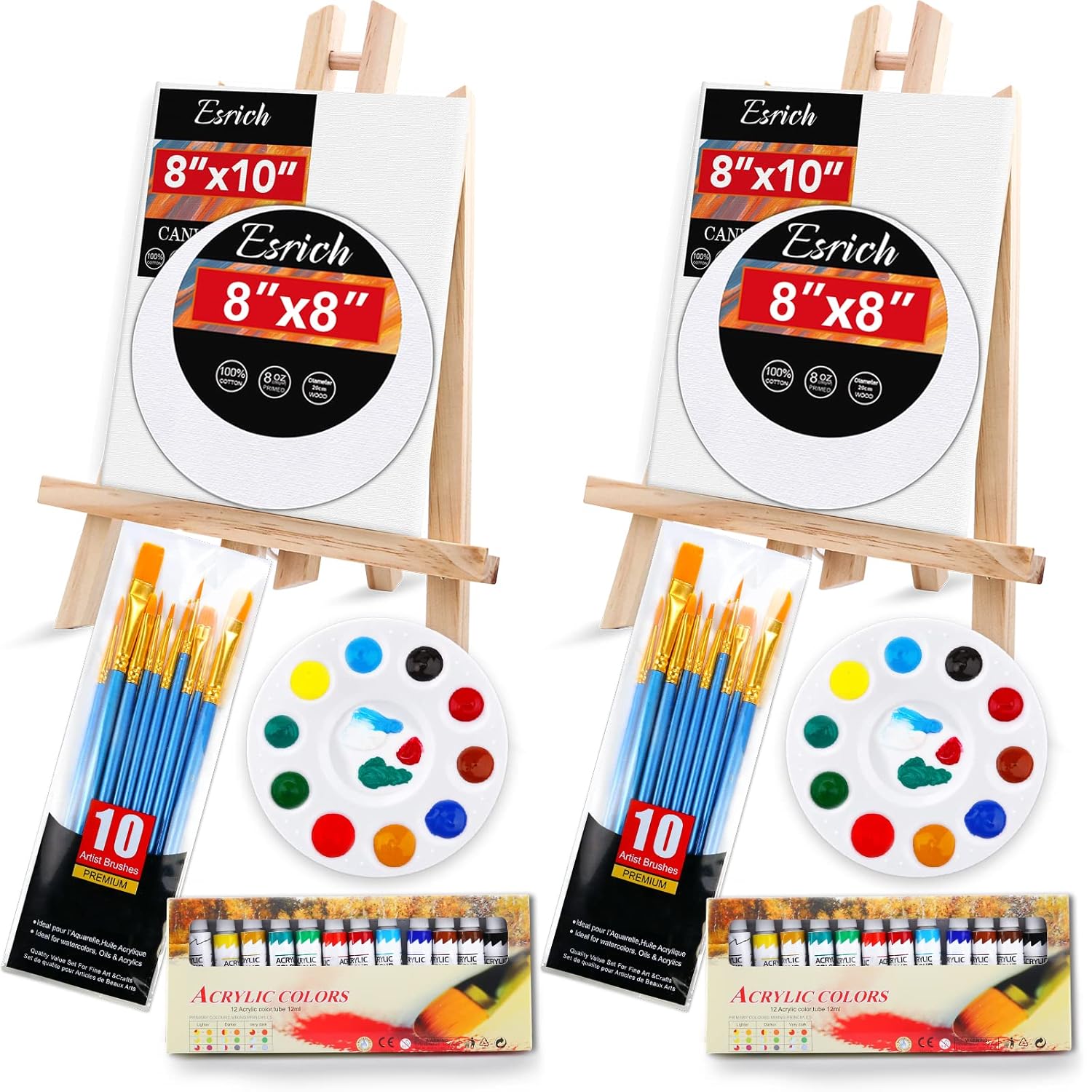 Acrylic Paint Canvas Set,52 Piece Professional Painting Supplies Kit With 2 Wood Easel,2 * 12Colors,2 * 10 Brushes,Circular Canvas Etc,Premium Paint Kit For Kids,Students, Artists And Beginner