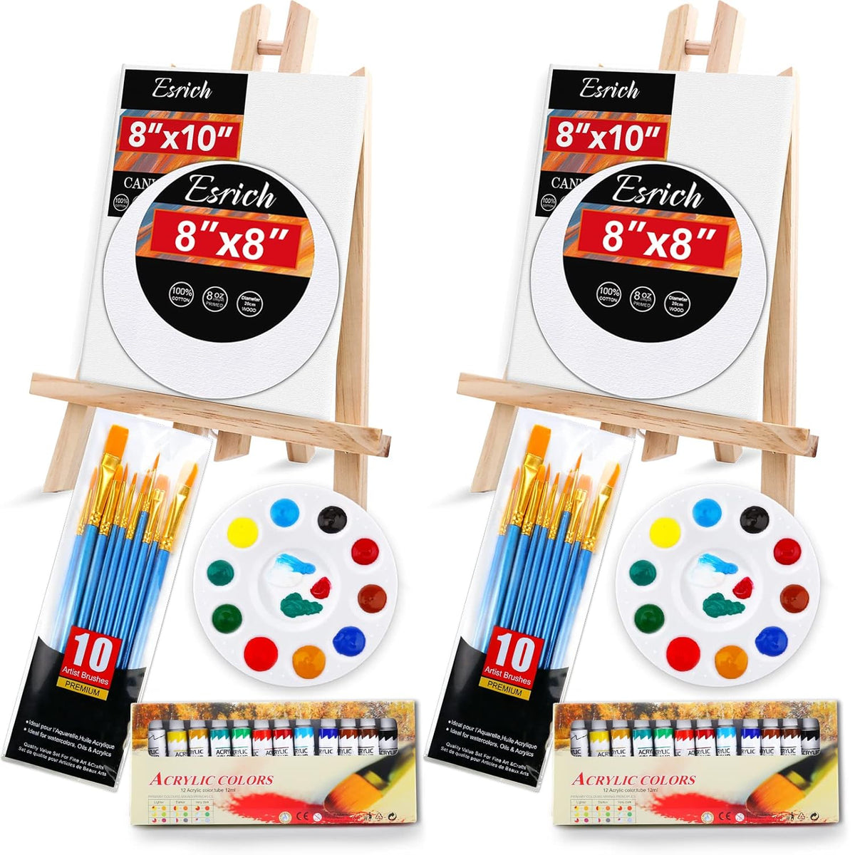 Acrylic Paint Canvas Set,52 Piece Professional Painting Supplies Kit With 2 Wood Easel,2 * 12Colors,2 * 10 Brushes,Circular Canvas Etc,Premium Paint Kit For Kids,Students, Artists And Beginner