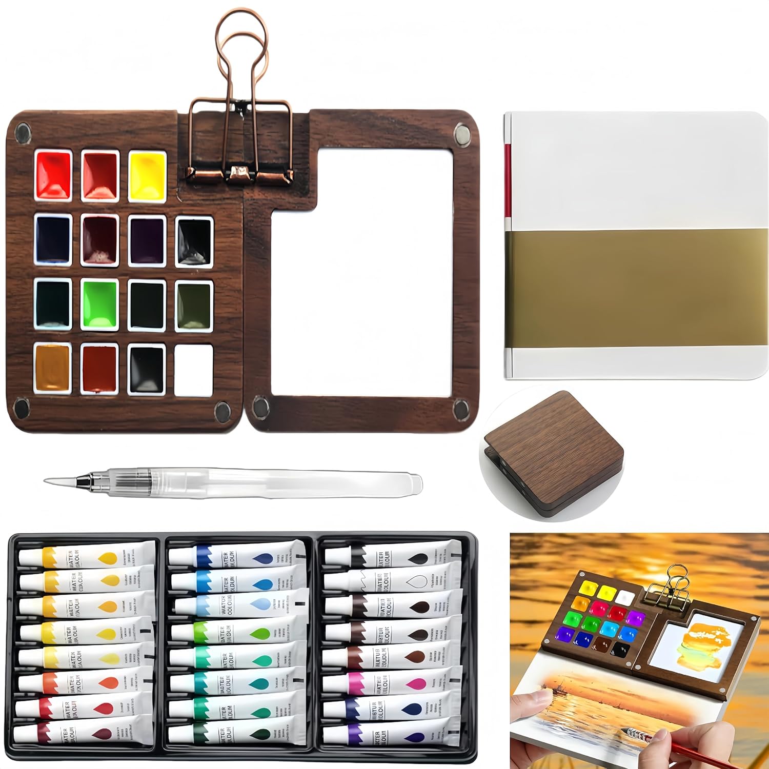 Mini Watercolor Paint Set Of 28Pcs, 15 Grid Wooden Palettes Pocket Watercolor Kit With Paint, Brush, Sketchbook & Copper Clip, Watercolor Travel Kit For Kids Adults Beginners(15 Grid Wood)