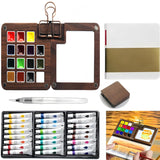 Mini Watercolor Paint Set Of 28Pcs, 15 Grid Wooden Palettes Pocket Watercolor Kit With Paint, Brush, Sketchbook & Copper Clip, Watercolor Travel Kit For Kids Adults Beginners(15 Grid Wood)