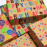 Kraft Birthday Wrapping Paper - 30 Inch X 10 Feet (3 Rolls: 75 Sq. Ft. Ttl.) - Balloons & Star Design Perfect For Birthday, Party, Baby Shower, Christmas, Gift Wrap
