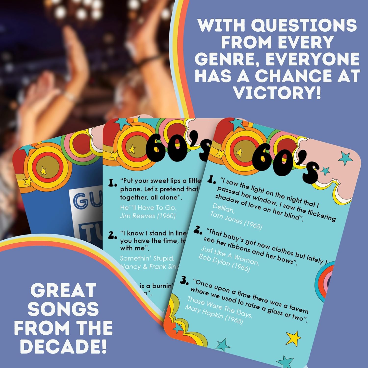 Sixties Guess That Tune Music Card Games For Adults And Families | Song Lyrics Game Night - Name The 60’S Song For Music Lovers & Sixties Trivia Themed Nostalgia Gift