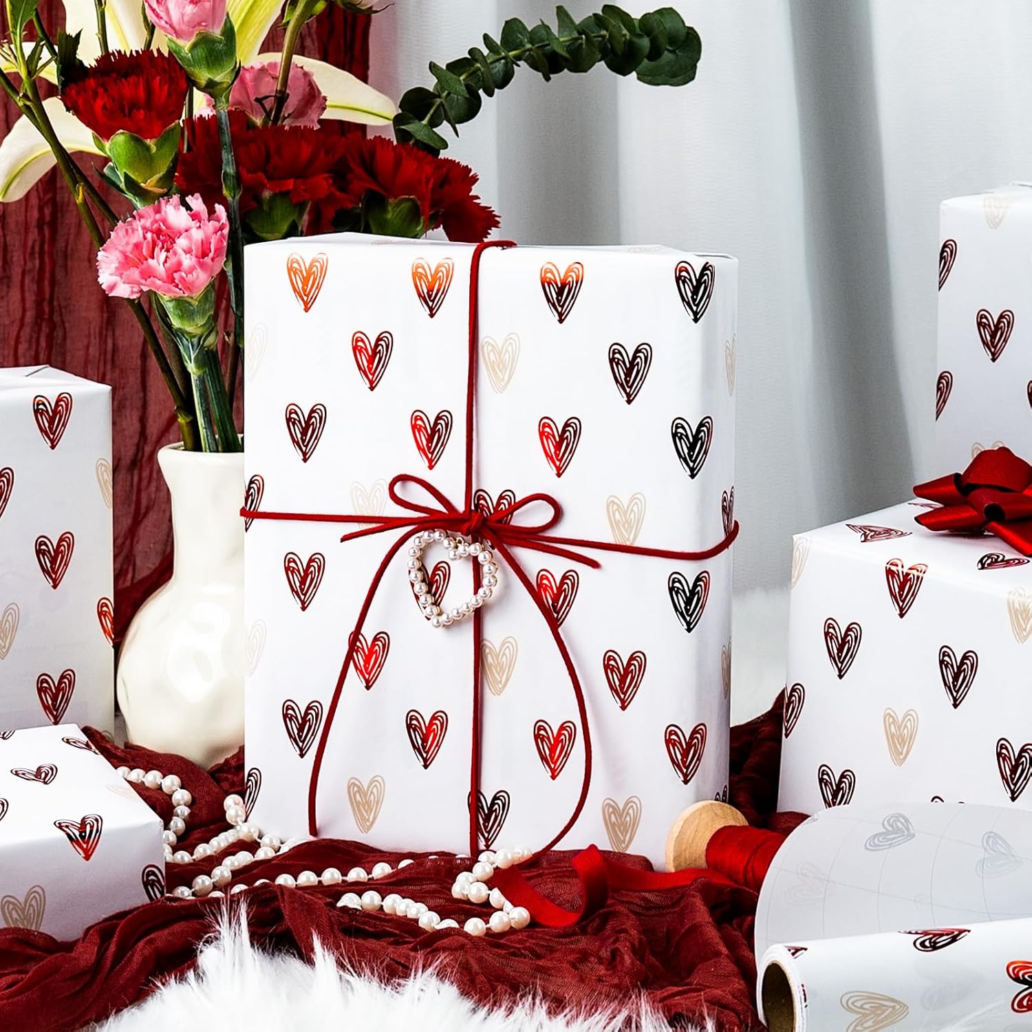 Wedding Wrapping Paper, Valentine'S Heart Wrapping Paper, Red Foil Heart Design Girl Birthday Gift Wrap Present Paper For Valentine’S Day, Anniversary, Bridal Shower (17 Inch X 33 Feet)