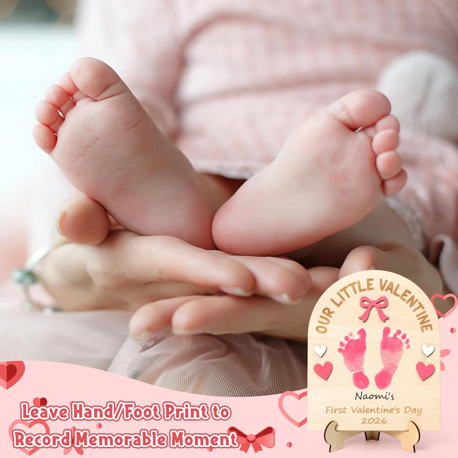 3D Baby'S First Valentine Footprint Or Handprint Art Sign Craft, Our Little Valentine Pink Bow Diy Wooden Hanging Decoration, Newborn Keepsake Gift For Valentine'S Day Photo Prop Nursery Decor