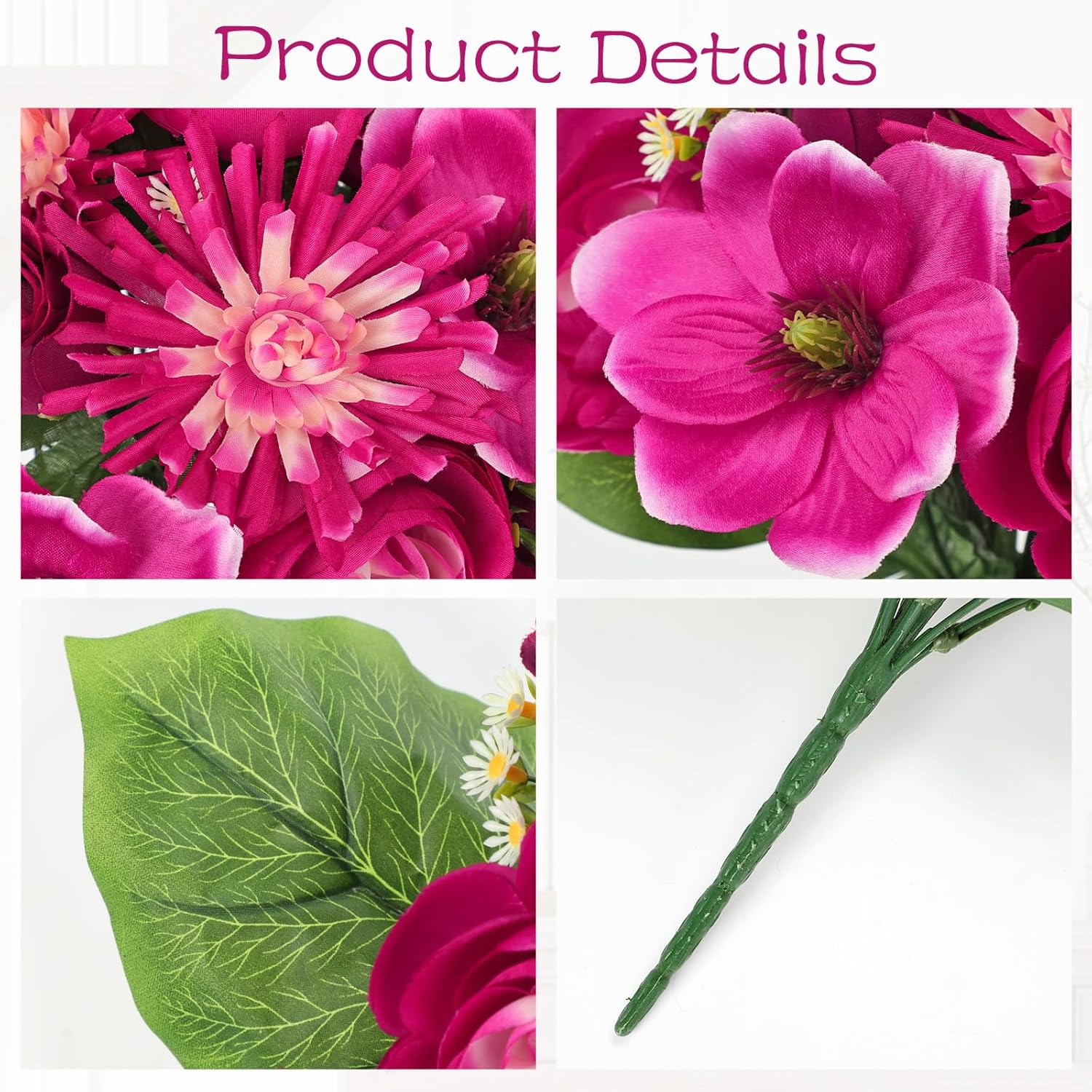 Artificial Flowers Bouquet - 2 Pack Hot Pink Faux Silk Floral Arrangement Fake Magnolia Chrysanthemum Rose Mixed Flower For Home Office Room Vase Memorial Cemetery Outdoor Decor