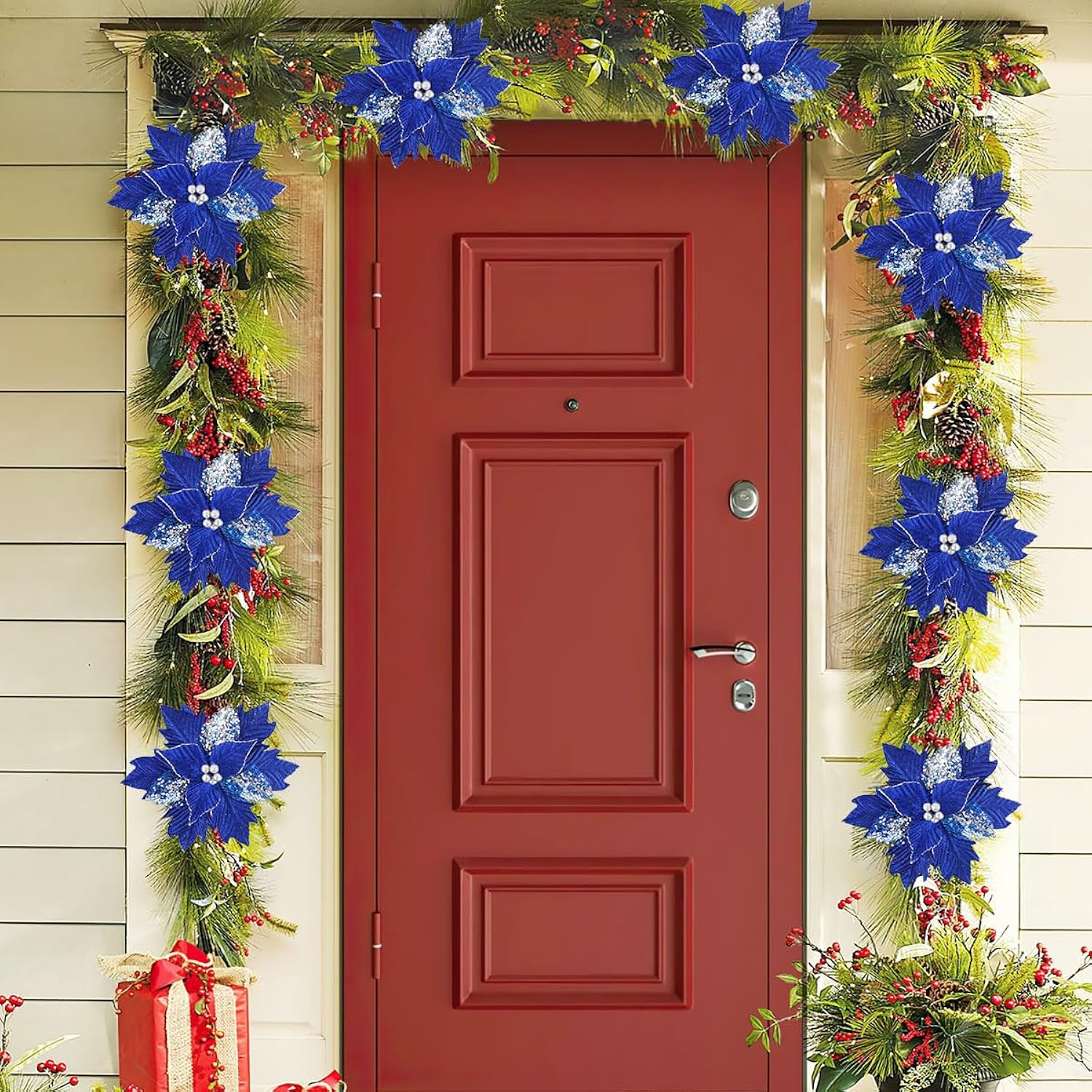 12 Pcs Christmas Poinsettia Flowers Artificial, 10 Inch Christmas Tree Ornaments Royal Blue Velvet Poinsettia, Glitter Faux Flowers With Long Stems For Xmas Tree Wreath Garland Wedding Party Diy Decor