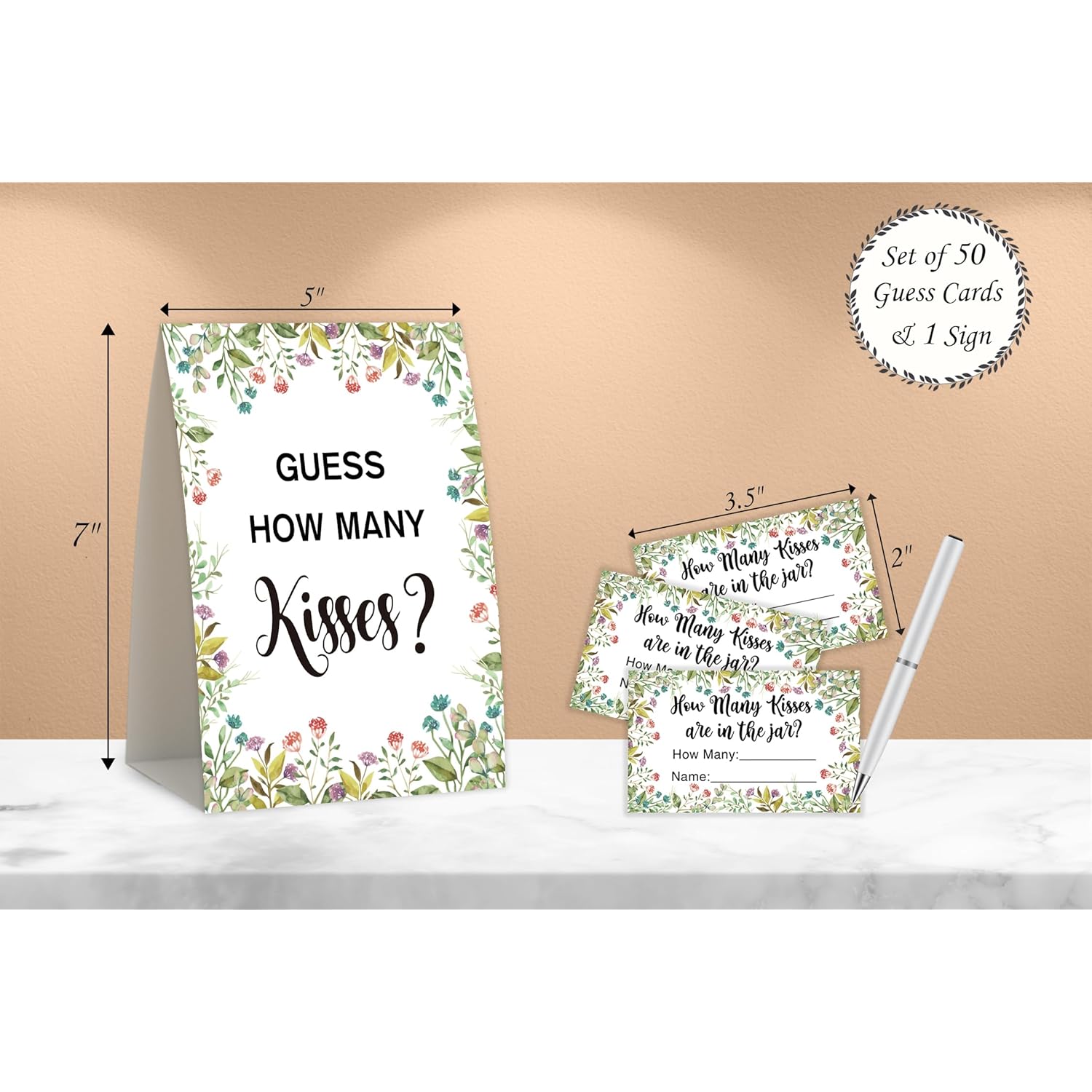 Floral Theme How Many Kisses Bridal Shower Game,Wedding Shower,Bridal Shower Decorations,Popular Bridal Shower Games,Engagement Party Game,Set Including 1 Sign And 50 Guessing Cards-11
