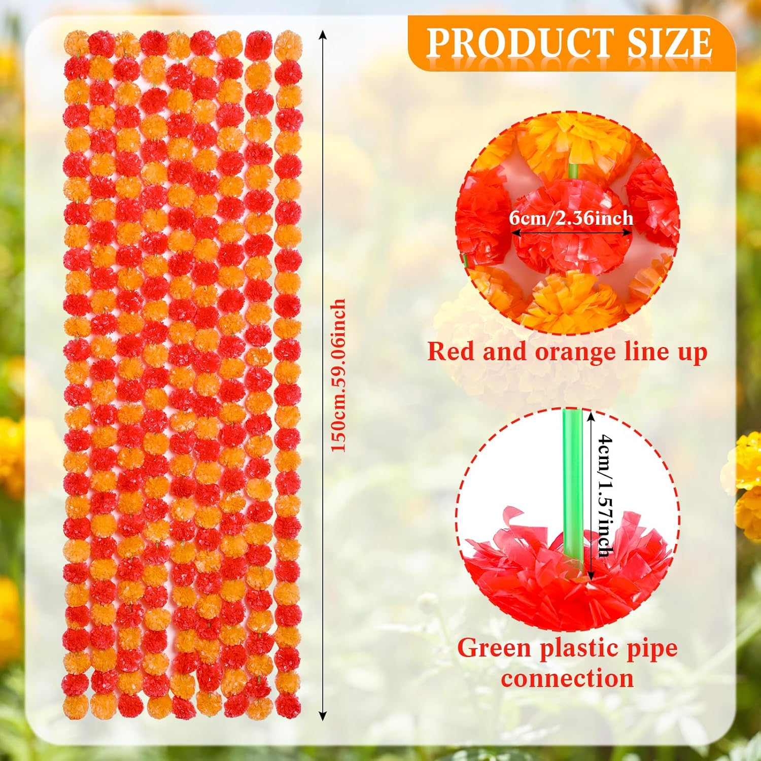 24 Pcs 5 Ft Long Strands Faux Artificial Marigold Flowers Garland For Wedding Party Mantle Decoration Faux Garlands Wedding Garland Diwali Decoration For Home Christmas (Red,Orange)