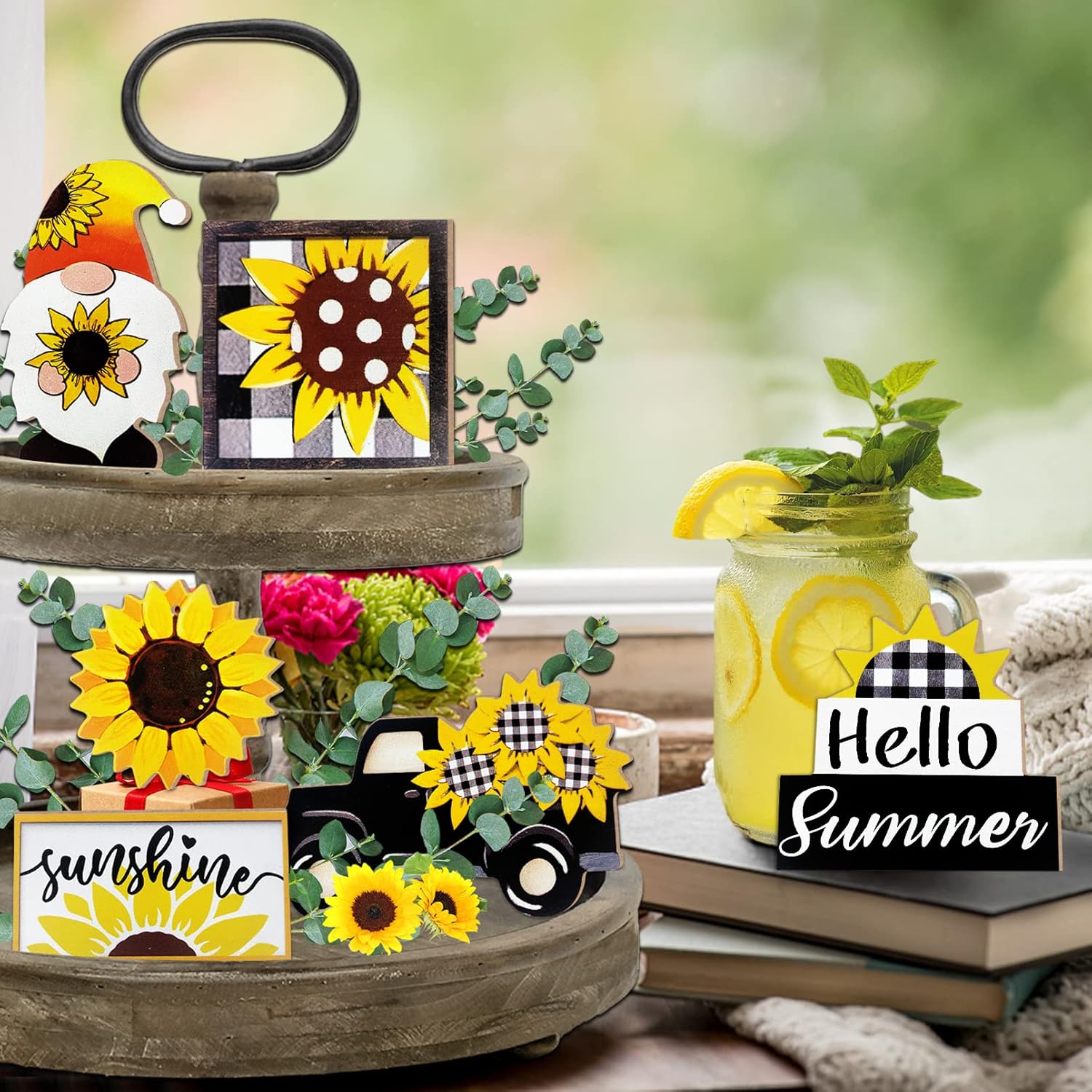 Summer Tiered Tray Decor, Farmhouse Sunflower Tray Decorations, Hello Spring Summer Sunflower Gnome Sunshine Truck Wooden Signs, Buffalo Plaid Rustic Home Decor For Table Mantel Office Party