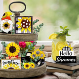 Summer Tiered Tray Decor, Farmhouse Sunflower Tray Decorations, Hello Spring Summer Sunflower Gnome Sunshine Truck Wooden Signs, Buffalo Plaid Rustic Home Decor For Table Mantel Office Party