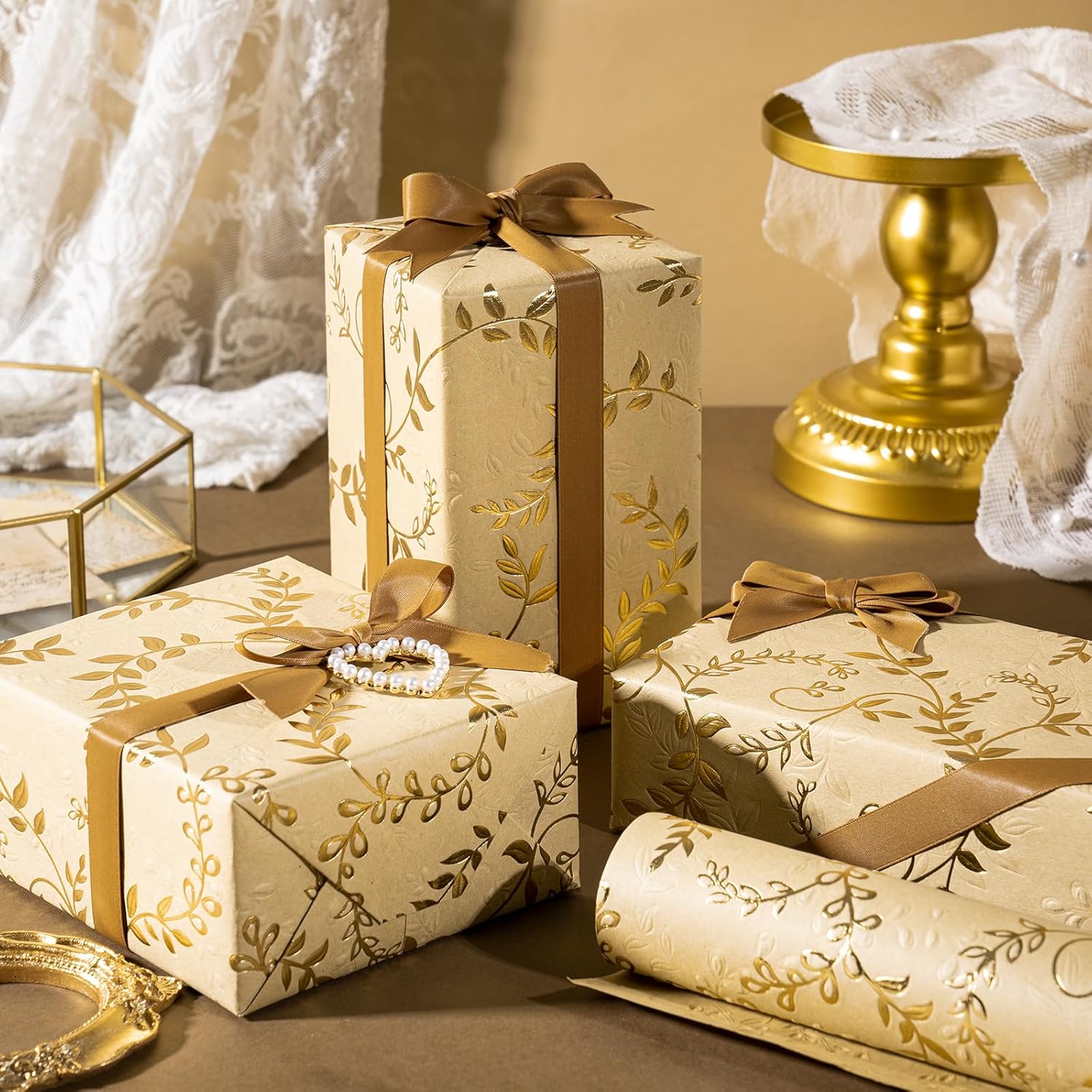 3D Kraft Wrapping Paper Roll - Mini Roll - 17 Inch X 16.5 Feet - Gold And Brown Leaves Design With Embossed Perfect For Birthday, Holiday, Wedding, Baby Shower