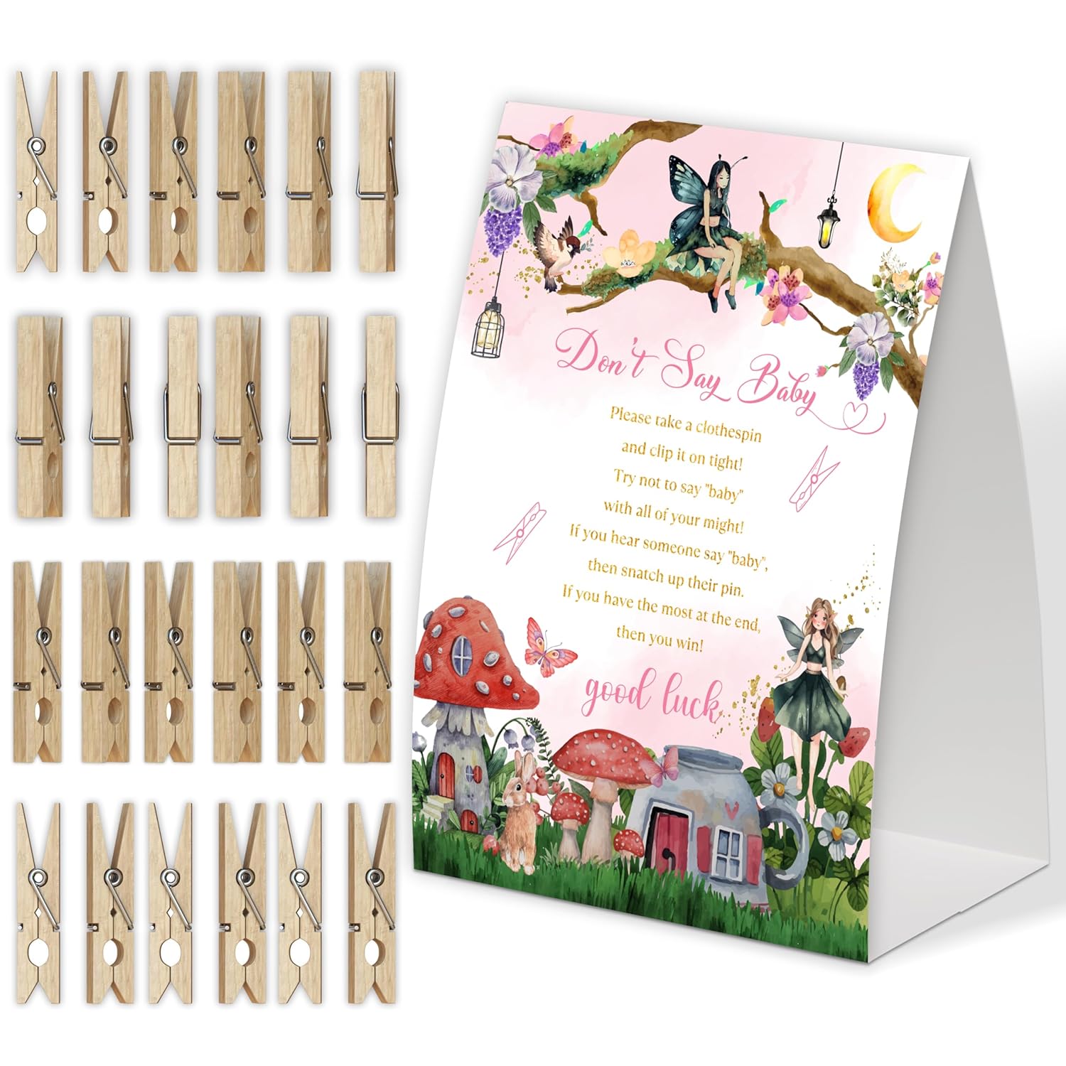 Fairy Don'T Say Baby Game For Baby Shower, Pack Of One 5X7 Sign And 50 Mini Natural Clothespins, Baby Shower Decoration, Gender Neutral Party Supplies - Sc16